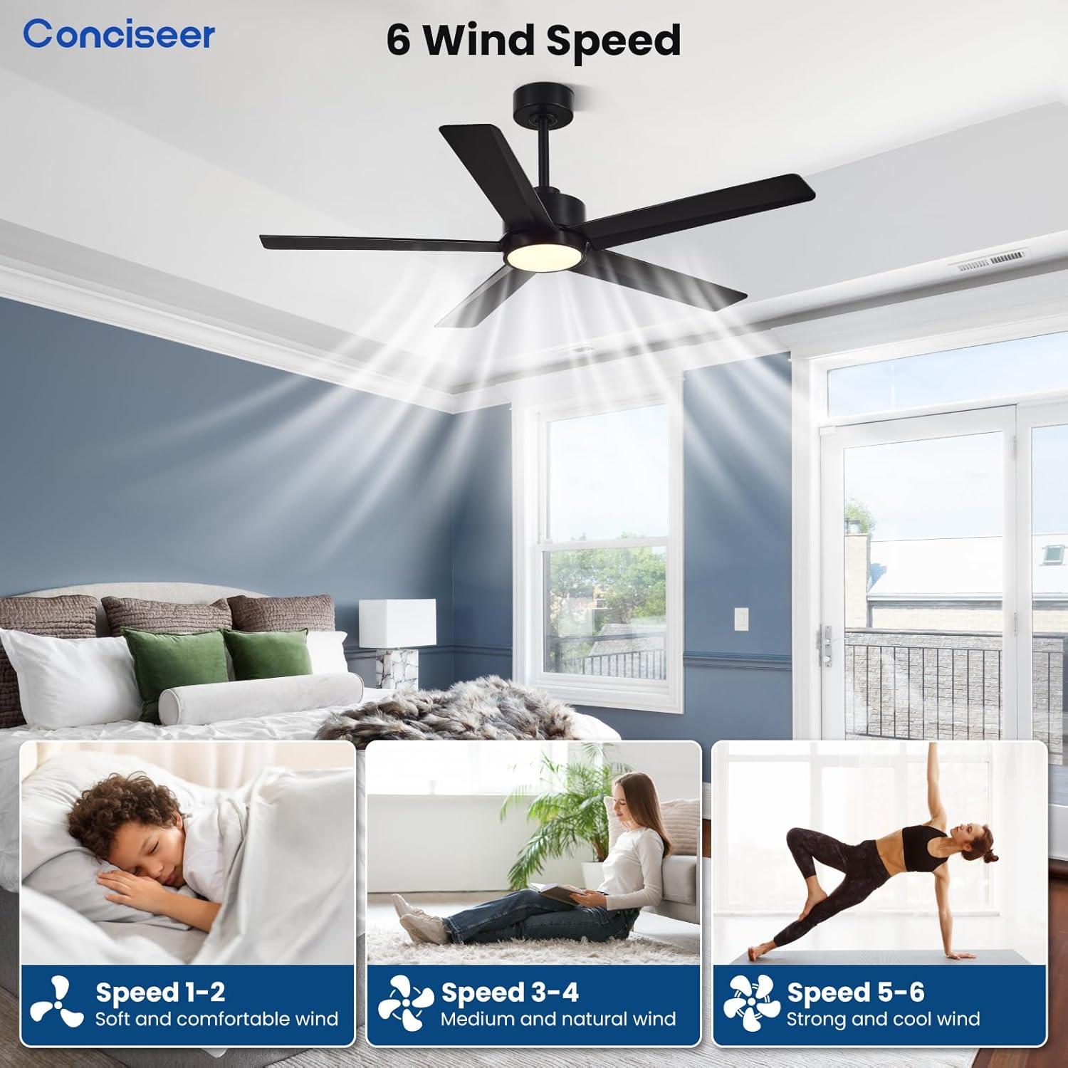 Ventilador de Techo Conciseer 52" Negro con Luz y Control Remoto