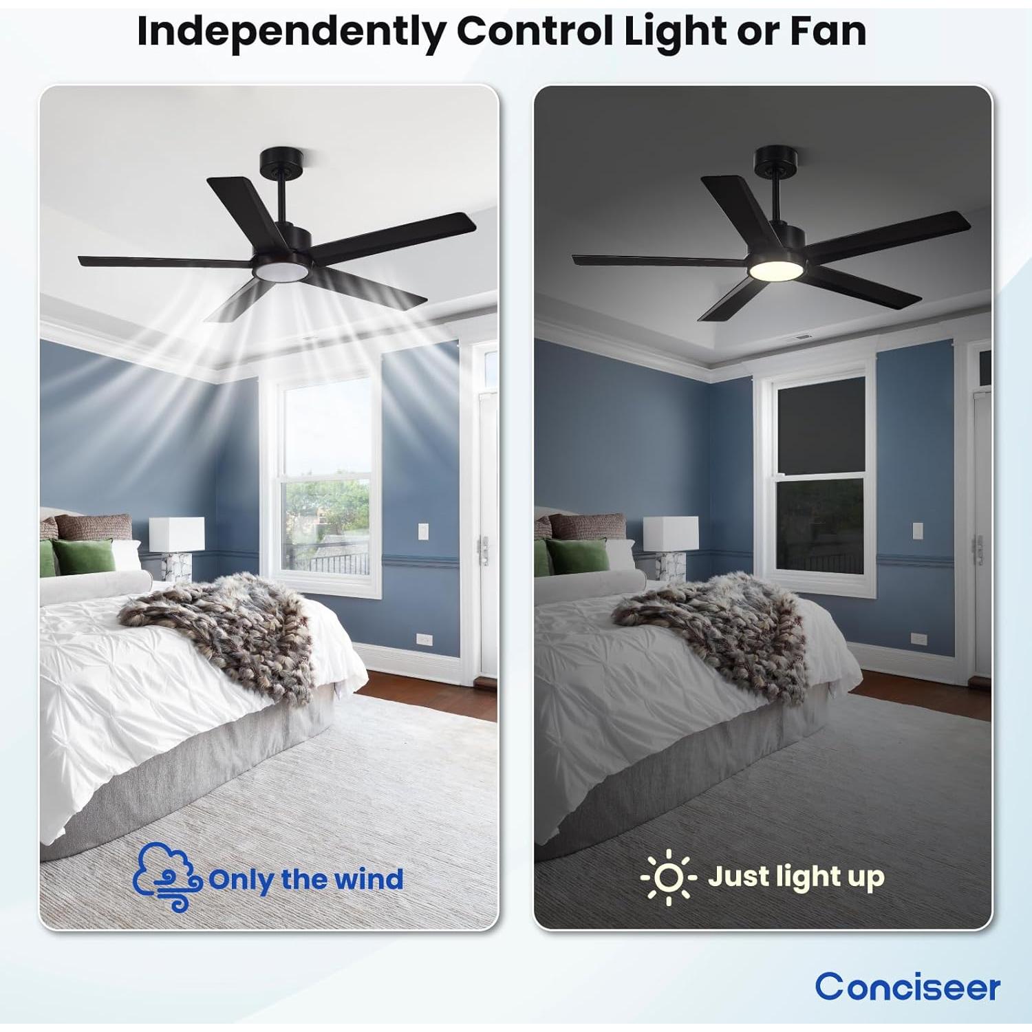 Ventilador de Techo Conciseer 52" Negro con Luz y Control Remoto