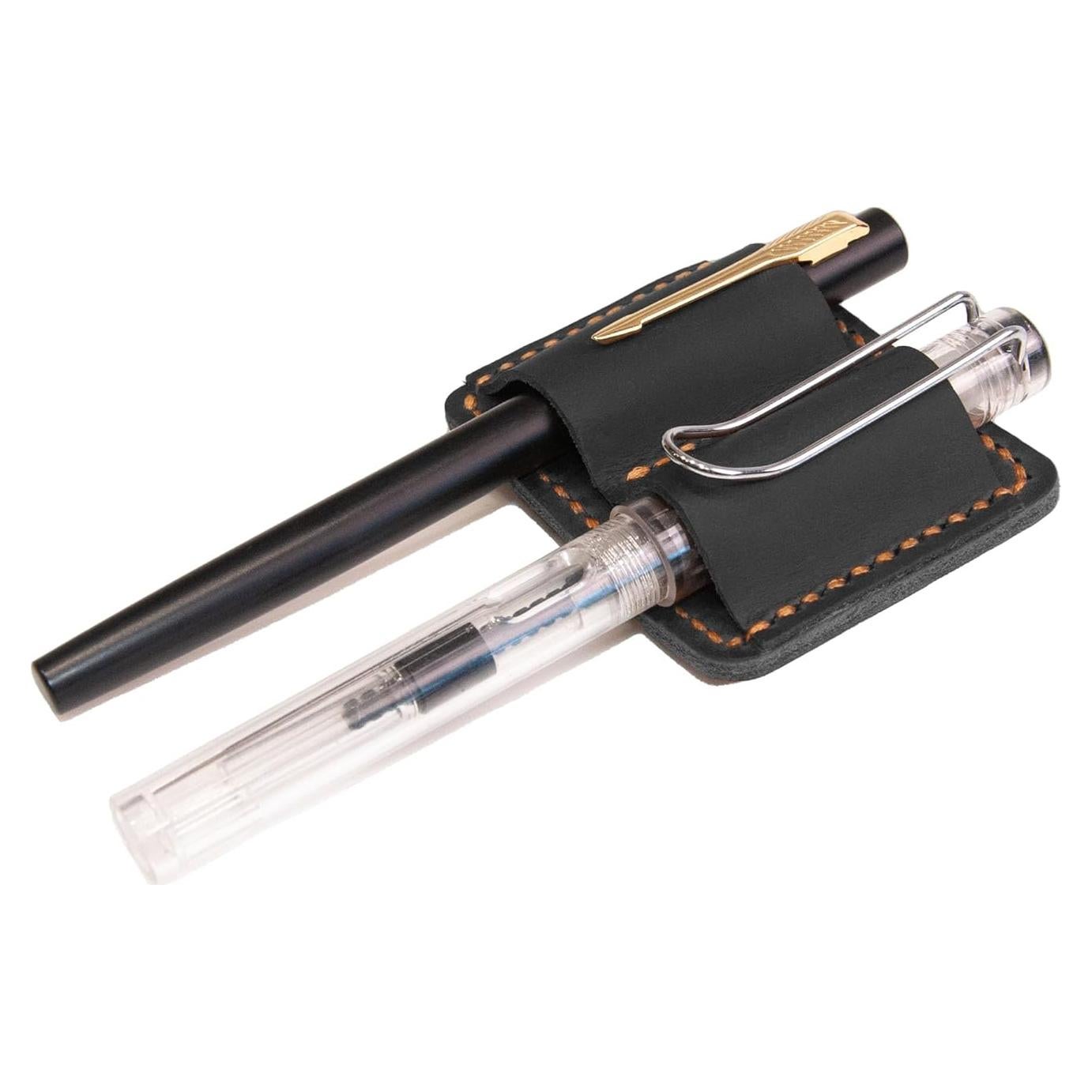 Clip de Cuero Hecho a Mano para Bolígrafos Doble Negro