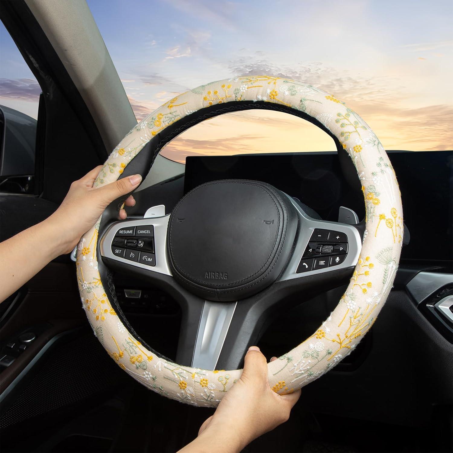 Cubierta de Volante Antideslizante Beige Bordado LAWHOWJIE 38 cm