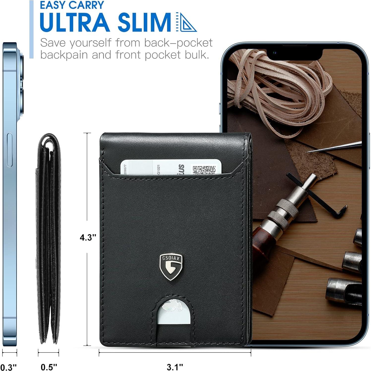 Cartera Slim GSOIAX para Hombre Cuero RFID Minimalista Negra
