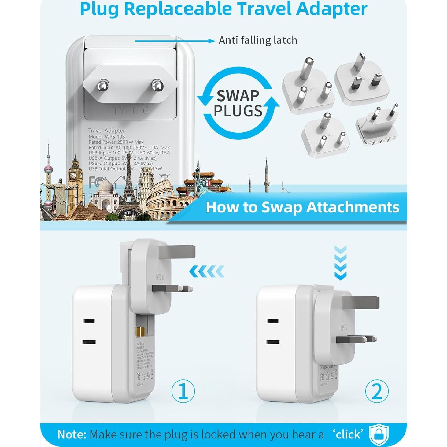 Adaptador de Corriente Universal PAEWOK WPS-10B 8 en 1 con USB