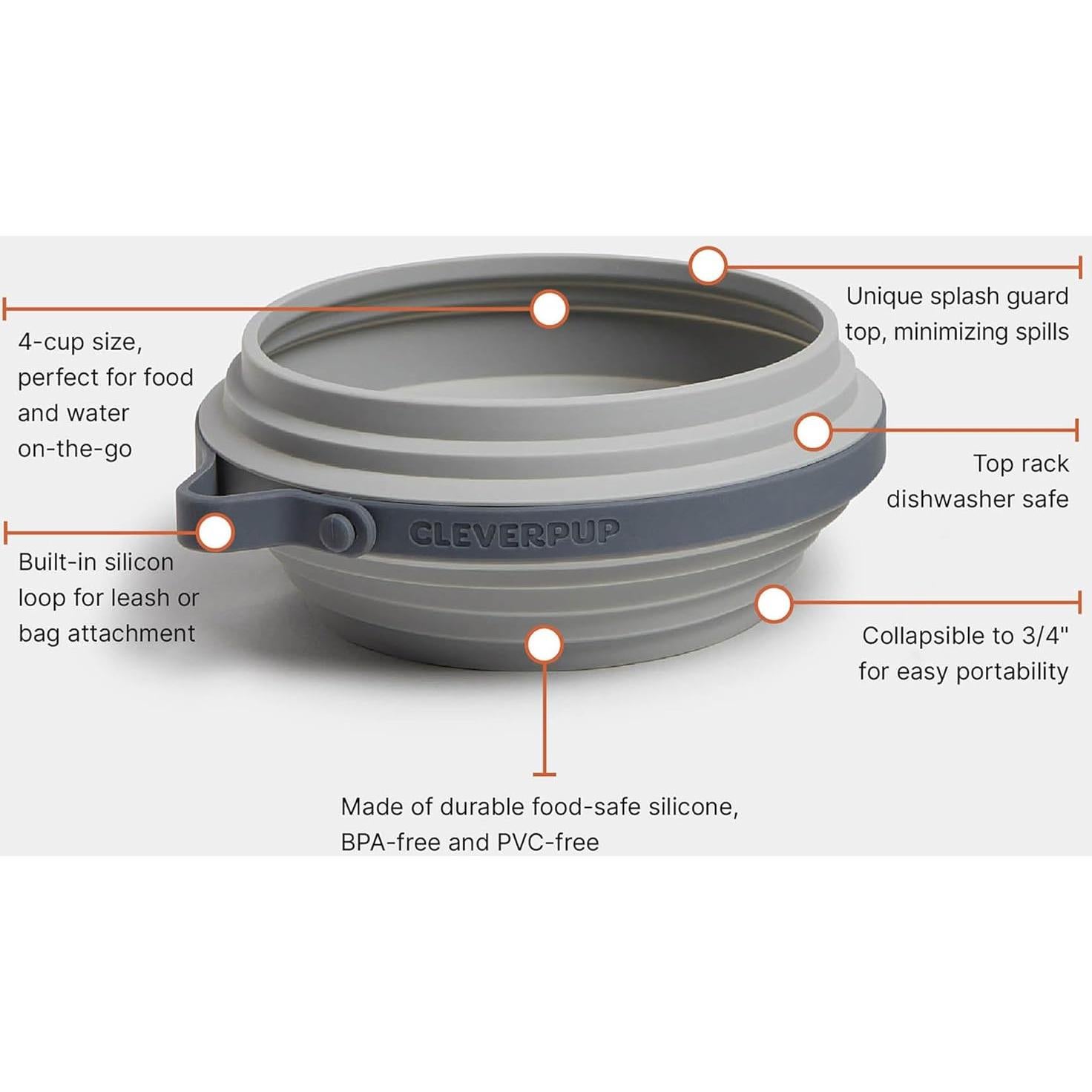 Tazón Colapsable Grande Cleverpup - Silicona 4 Tazas Gris