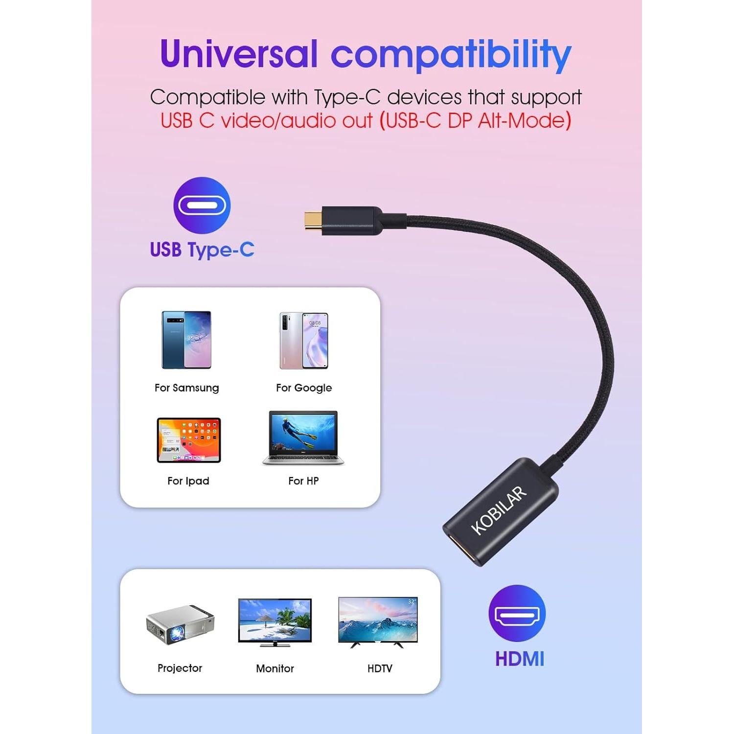 Adaptador USB C a HDMI Kobilar 4K 30Hz 0.15m Negro