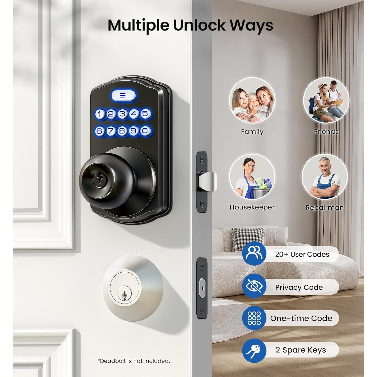 Cerradura Digital de Pomo Veise KS03, Teclado, Auto-bloqueo, Negro Mate