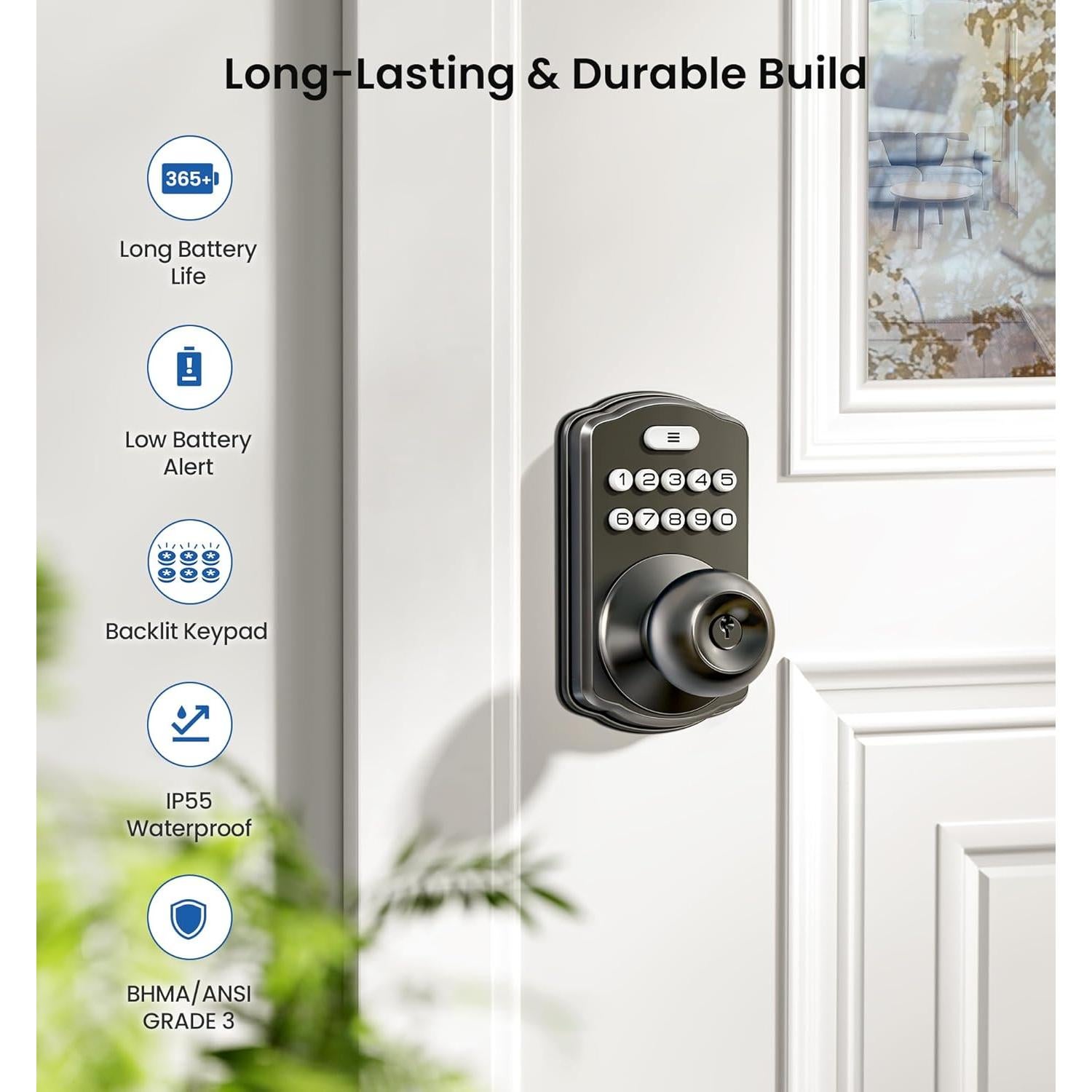 Cerradura Digital de Pomo Veise KS03, Teclado, Auto-bloqueo, Negro Mate