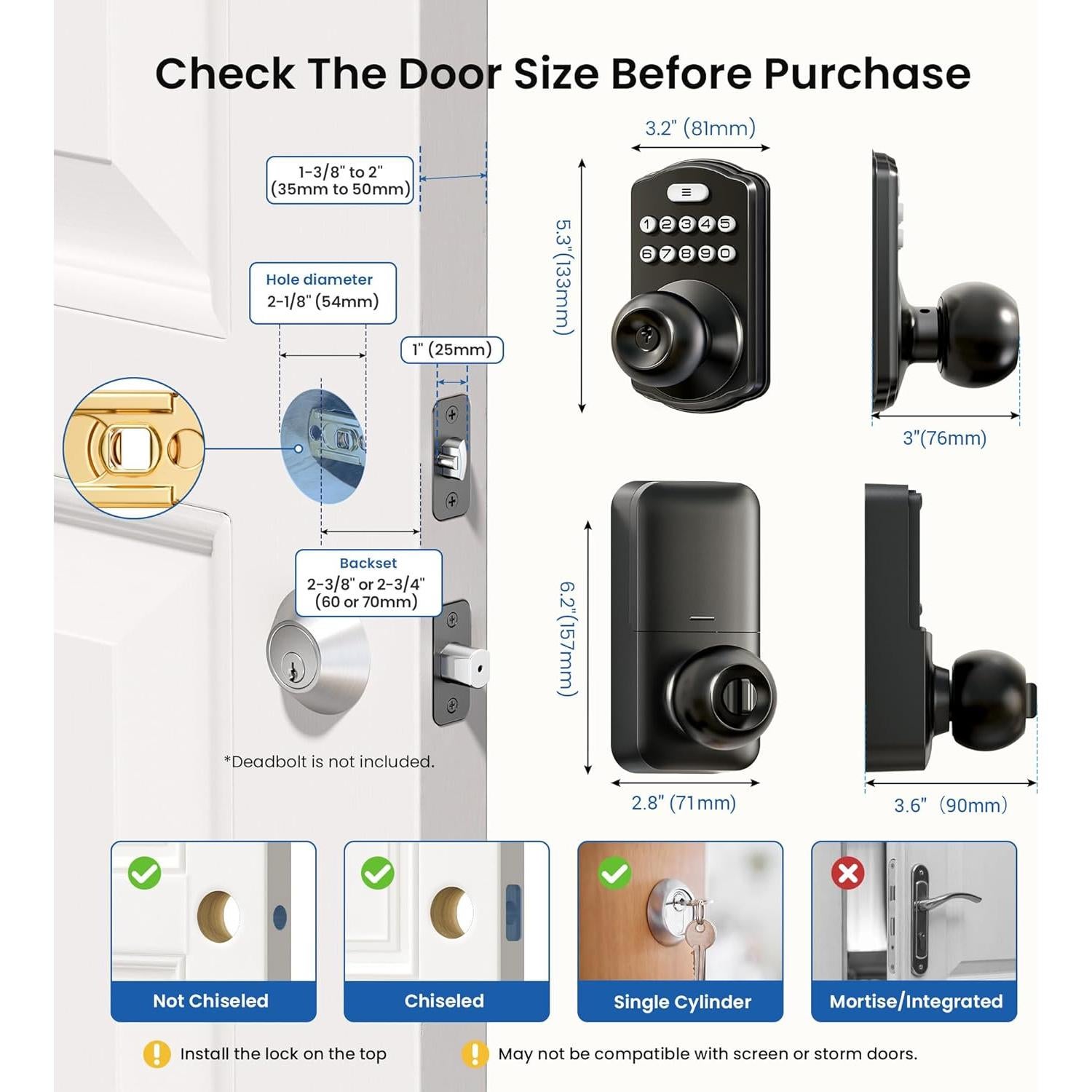 Cerradura Digital de Pomo Veise KS03, Teclado, Auto-bloqueo, Negro Mate