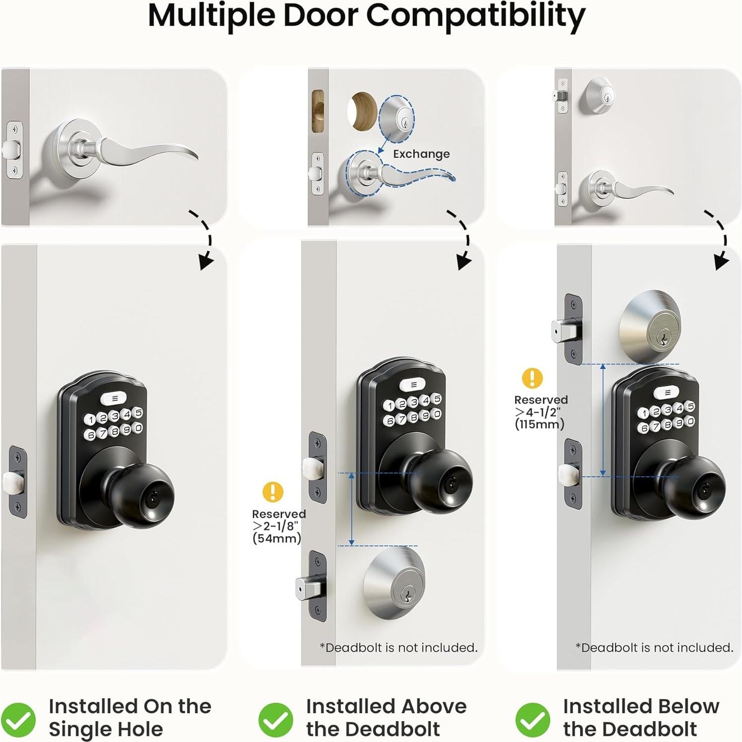 Cerradura Digital de Pomo Veise KS03, Teclado, Auto-bloqueo, Negro Mate