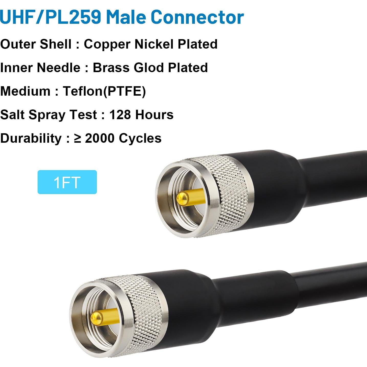 Cable Coaxial UHF CB 1ft KMR400 PL259 Macho a Macho