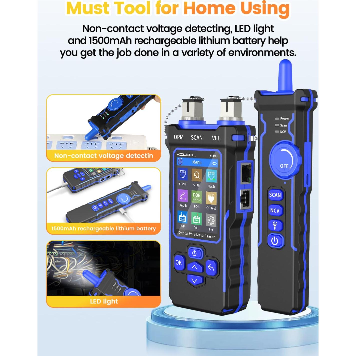 Probador de Cable de Red KOLSOL AT338 con Medidor de Potencia Óptica