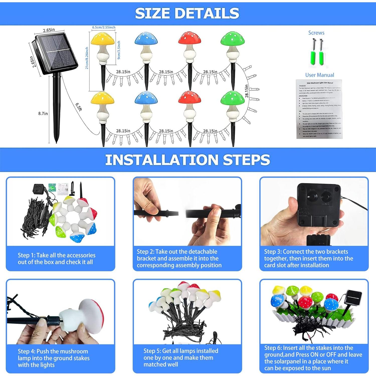 Luces de Jardín Solares LiyuanQ, 8 Hongos LED Multicolor 7m