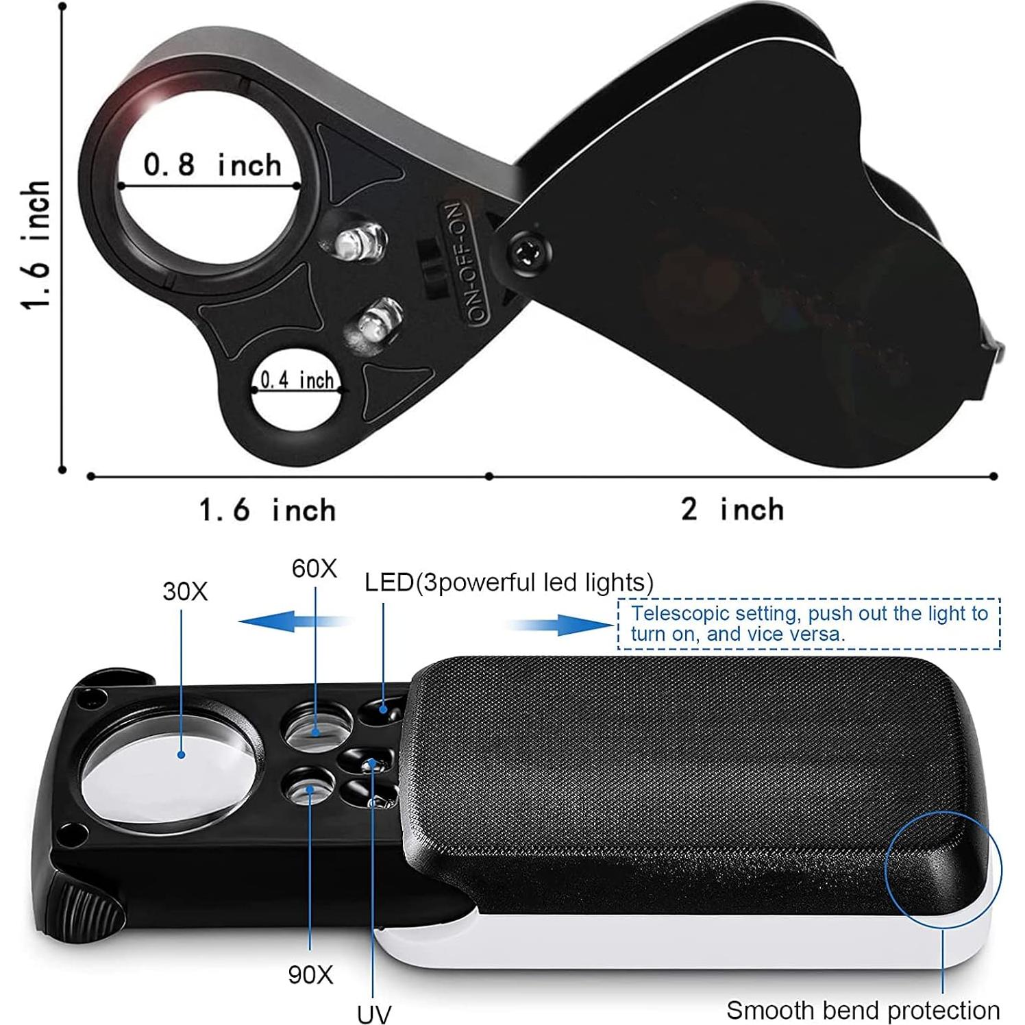 Lupa de Joyero HMKIS 30X 60X 90X con Luz LED y UV - Paquete de 2