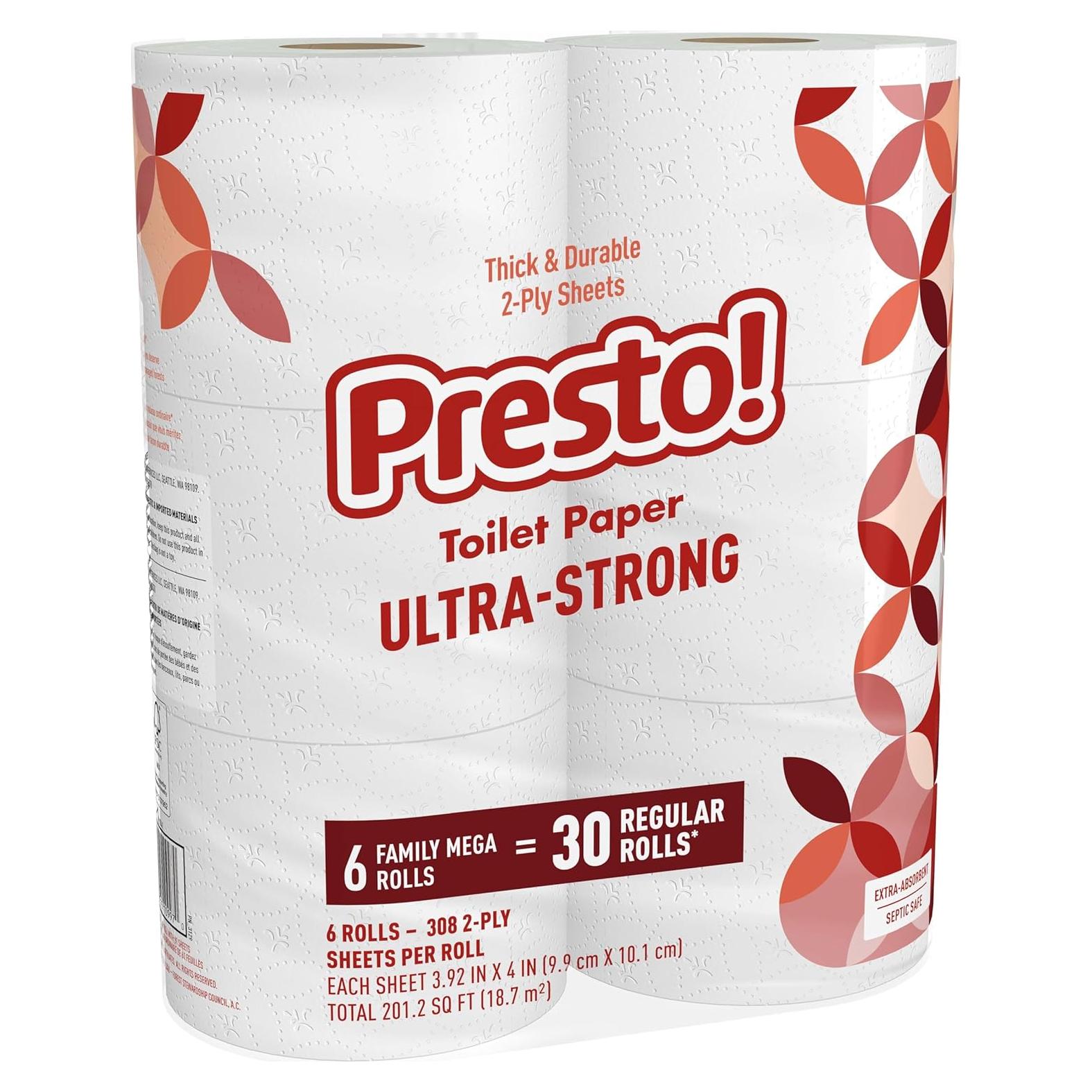 Papel Higiénico Ultra Fuerte Presto! Amazon 6 Rollos Mega 308 Hojas