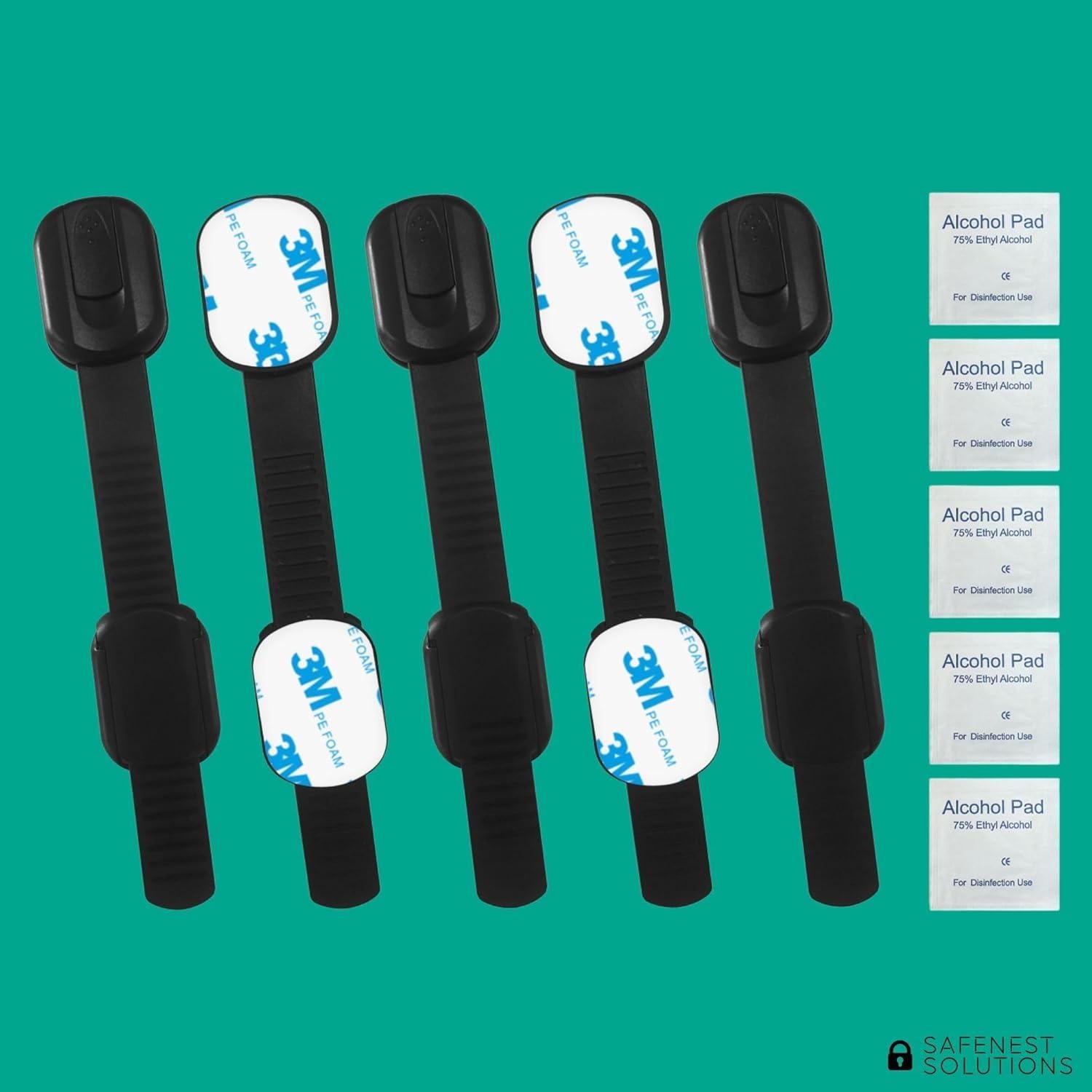 Candados a Prueba de Niños SAFENEST - Paquete de 5 Negro con Adhesivo 3M