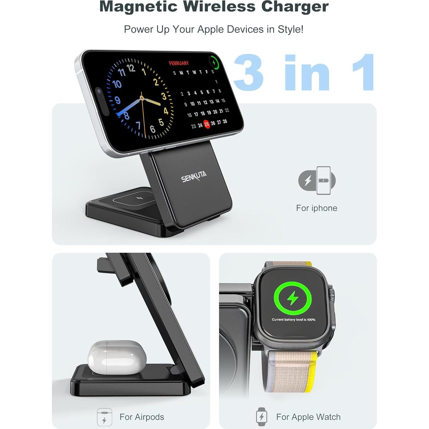 Cargador Inalámbrico 3 en 1 SENKUTA para iPhone y Apple Watch