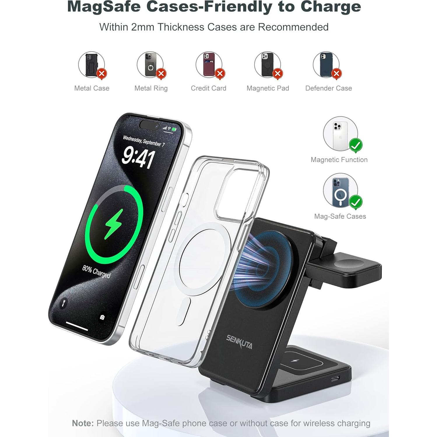 Cargador Inalámbrico 3 en 1 SENKUTA para iPhone y Apple Watch