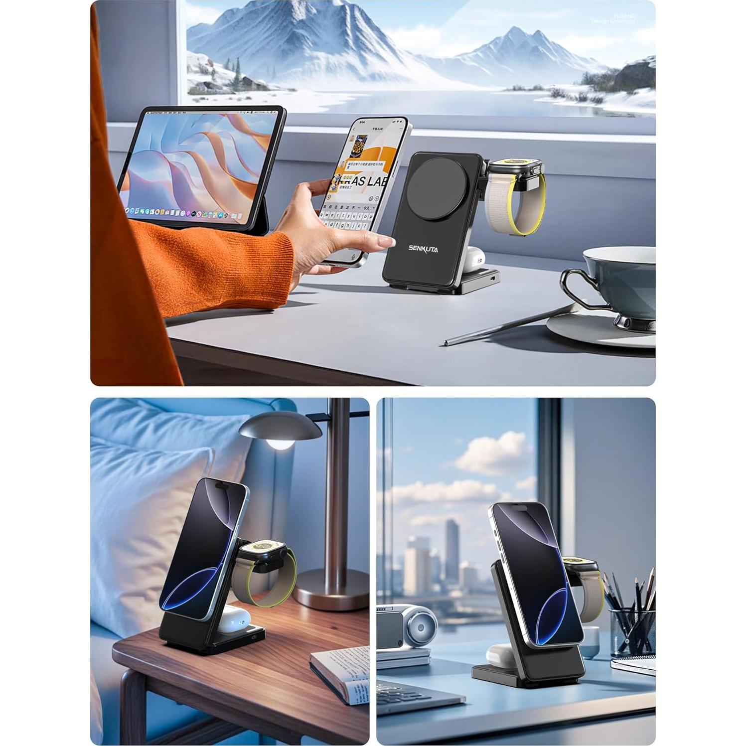 Cargador Inalámbrico 3 en 1 SENKUTA para iPhone y Apple Watch
