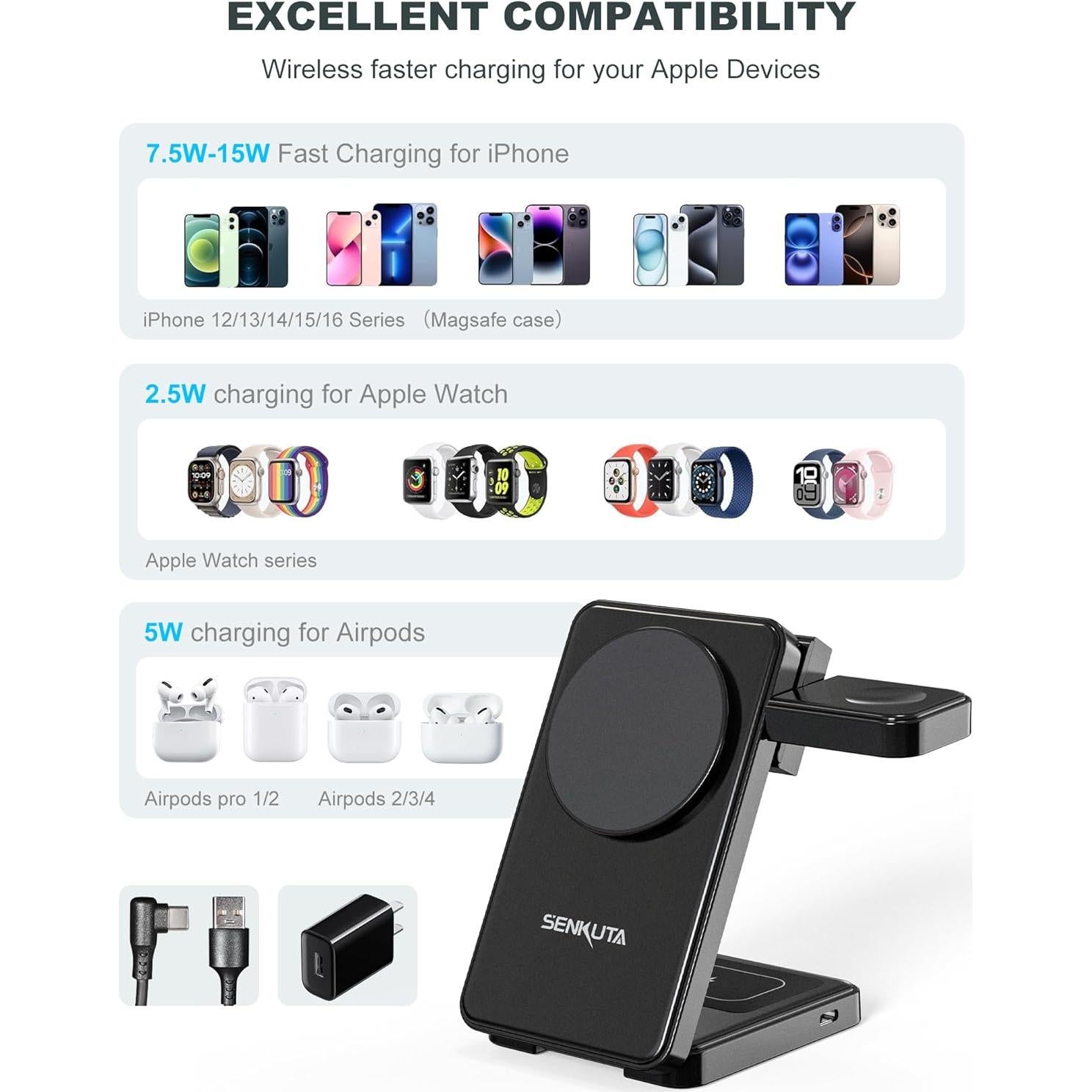 Cargador Inalámbrico 3 en 1 SENKUTA para iPhone y Apple Watch