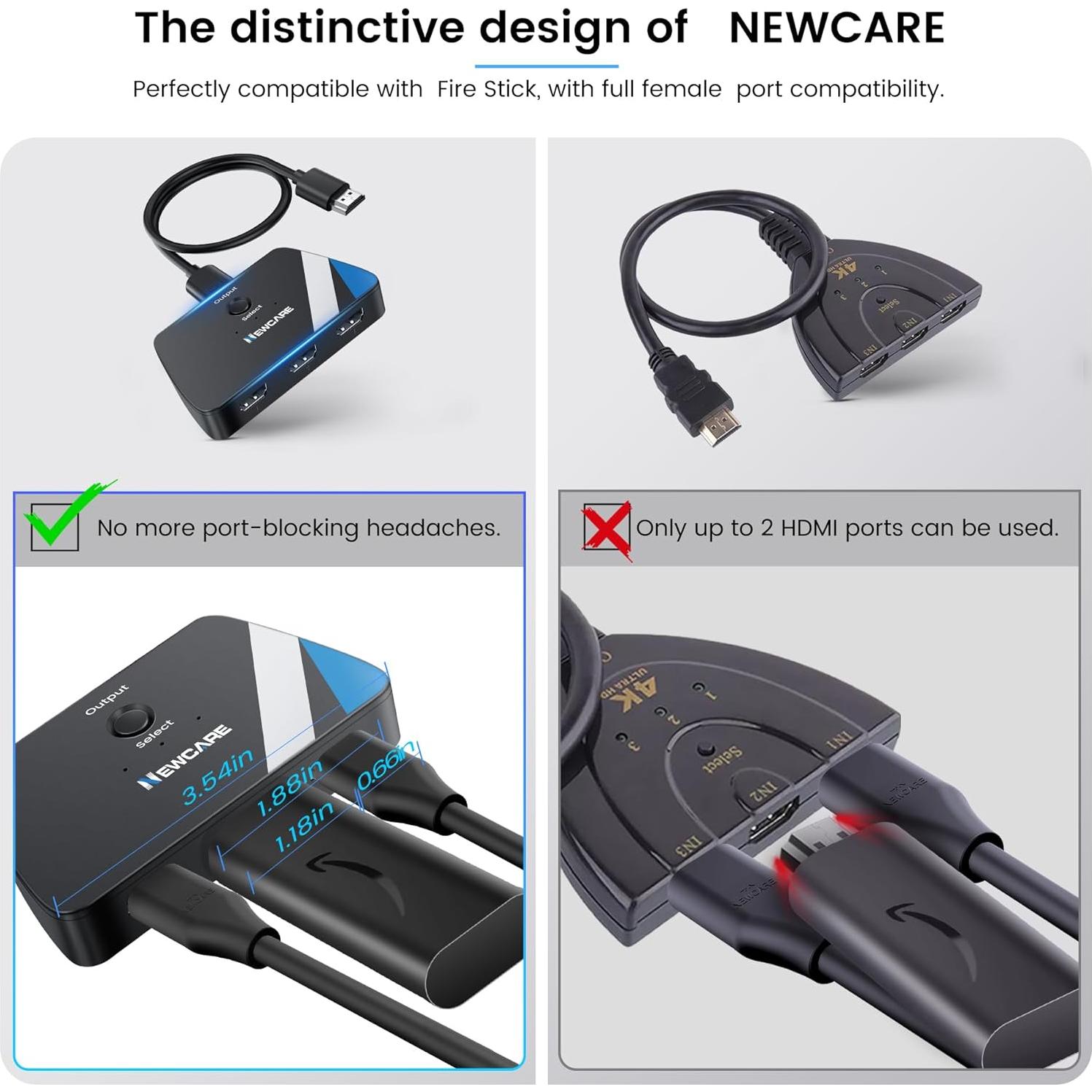 Interruptor HDMI 3 en 1 NEWCARE 4K@60Hz con Cable 0.79m