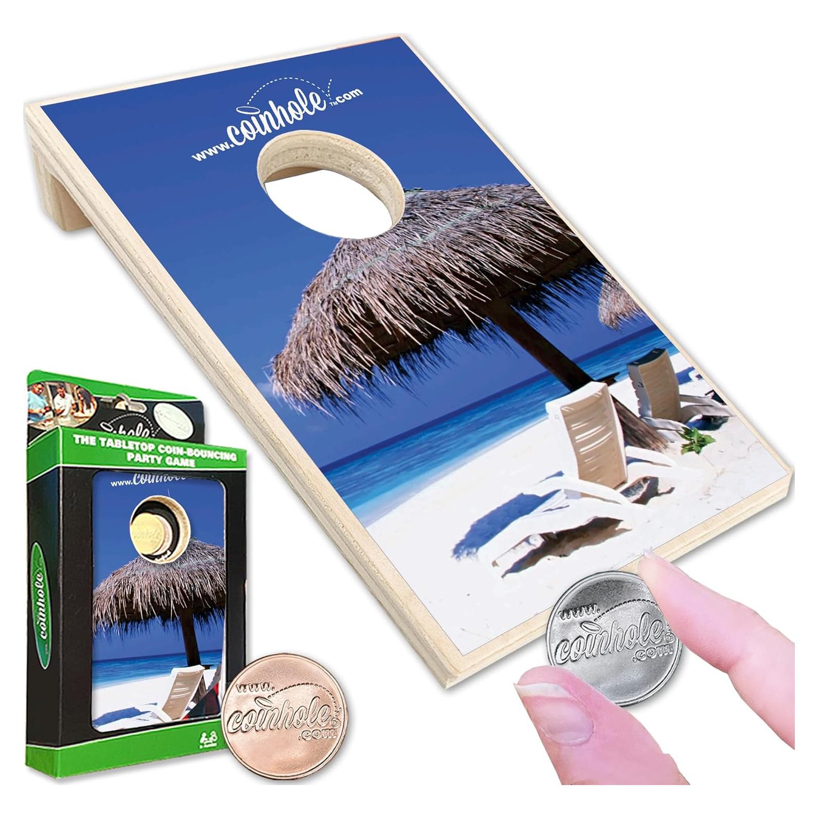 Juego de Mesa Coinhole Compacto de Madera - 2 Monedas Incluidas