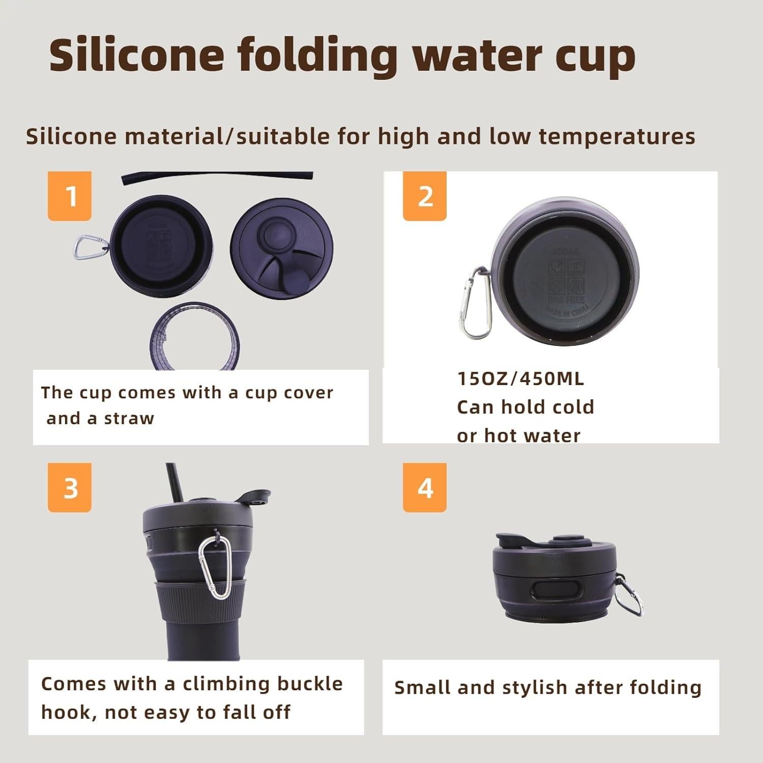 Taza de viaje plegable VVZOWW de silicona 450ML negra