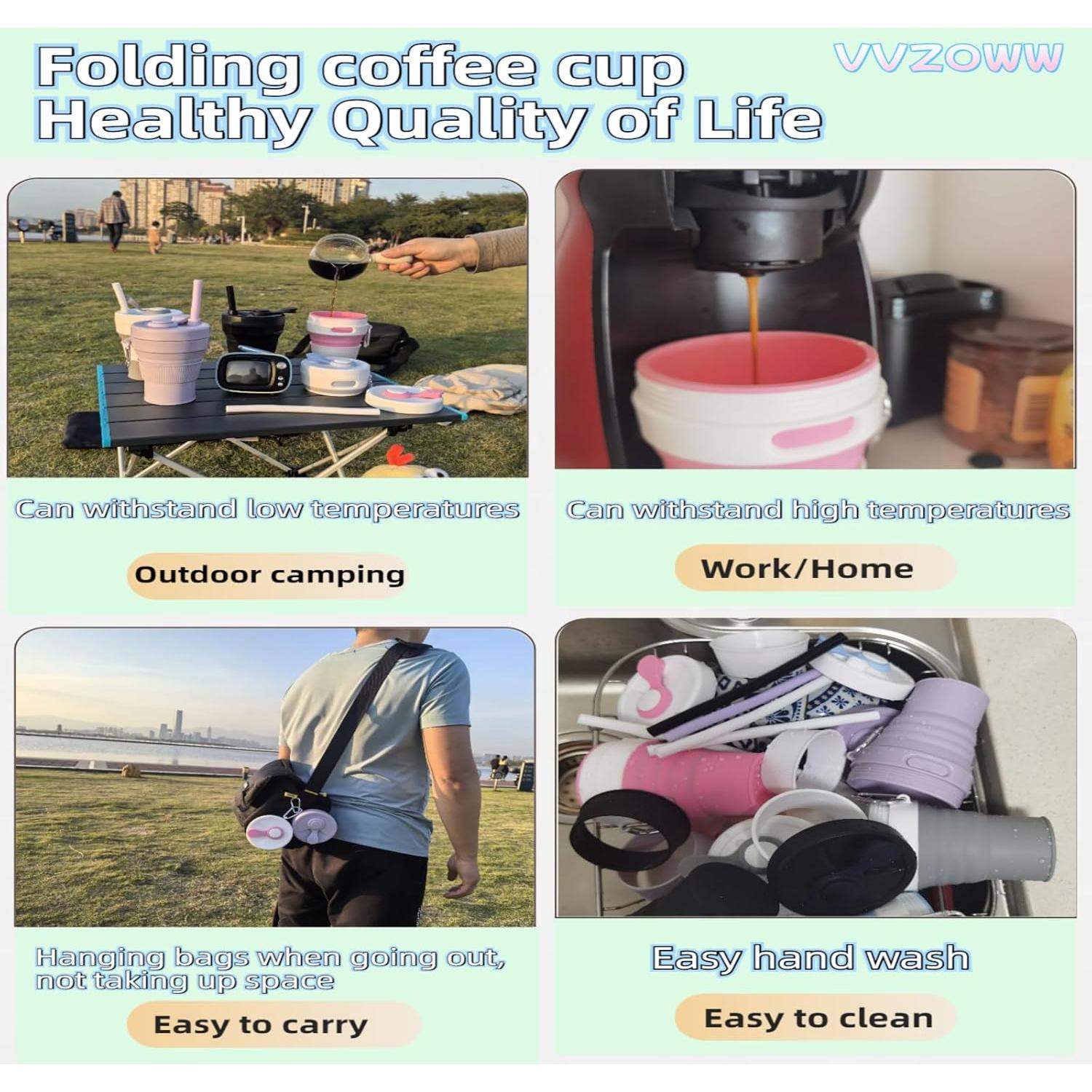 Taza de viaje plegable VVZOWW de silicona 450ML negra