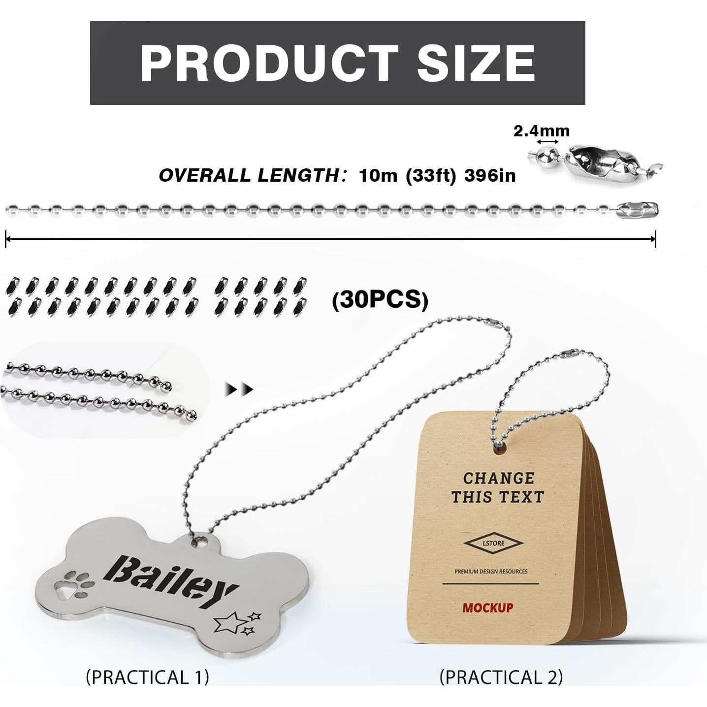 Cadena de bola de acero inoxidable 10m 2.4mm Dotlite