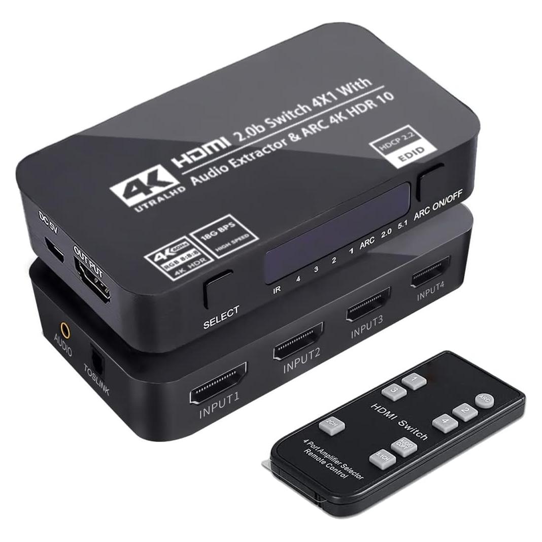 Conmutador HDMI 4x1 Wonlyus 4K 60Hz con audio TOSLINK