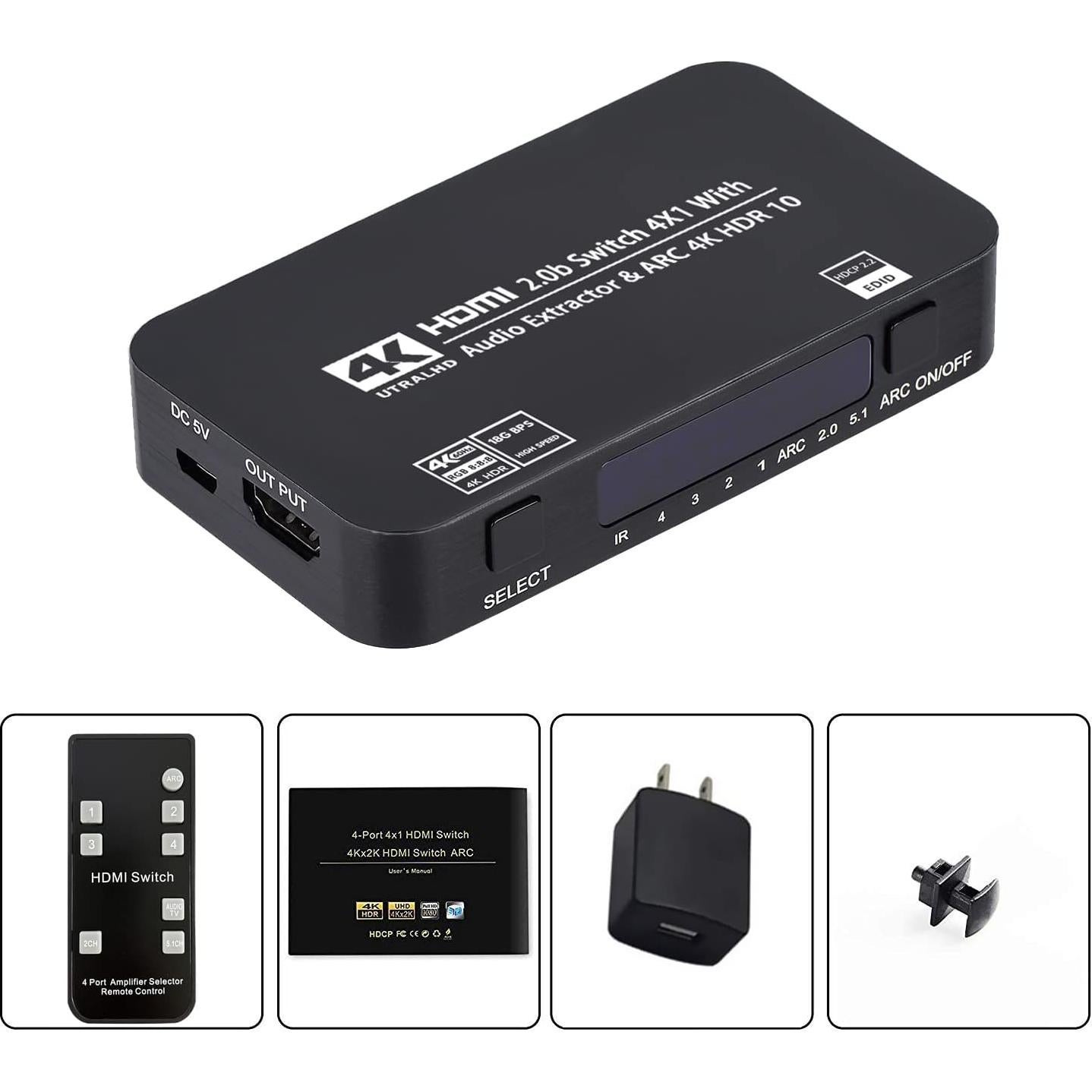 Conmutador HDMI 4x1 Wonlyus 4K 60Hz con audio TOSLINK