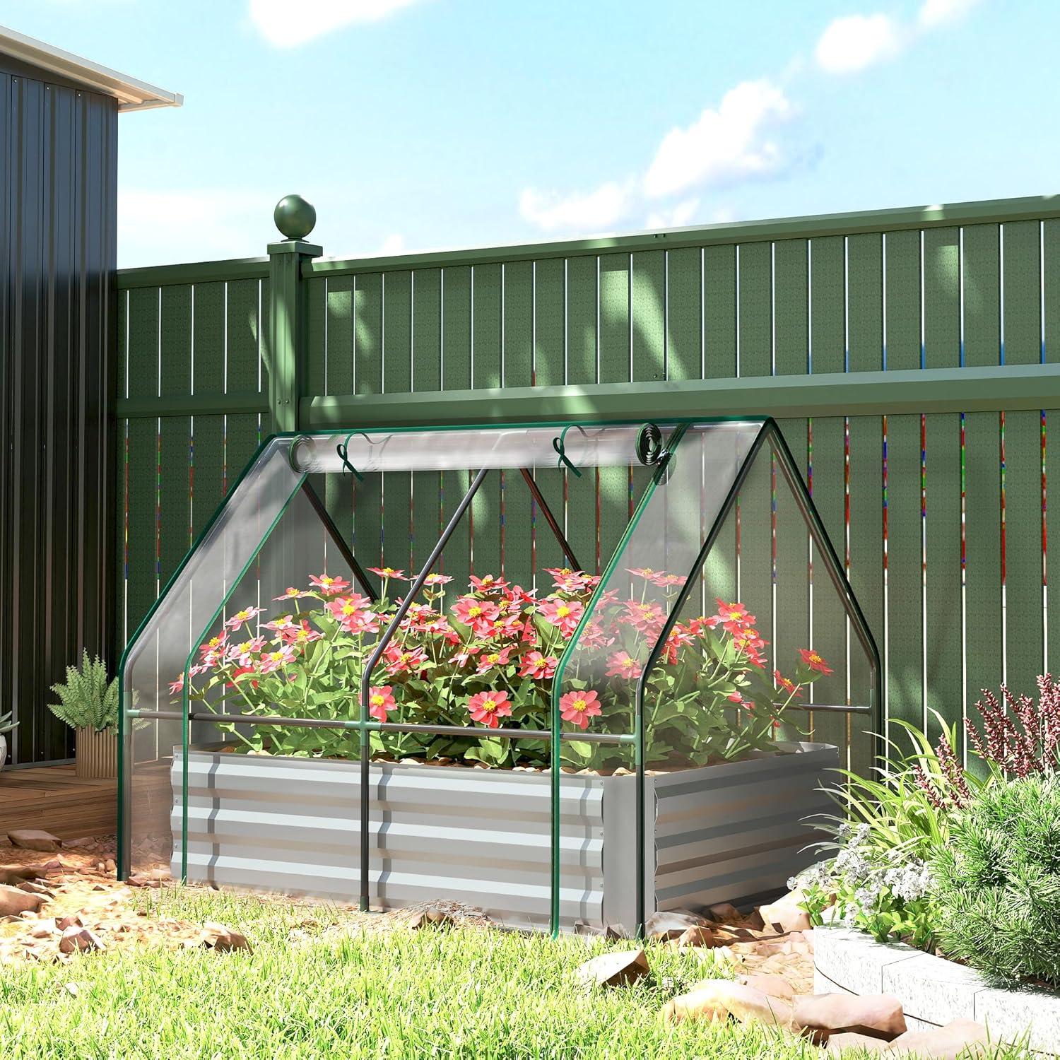 Huerto Elevado Galvanizado Outsunny 1.22x0.91m con Invernadero