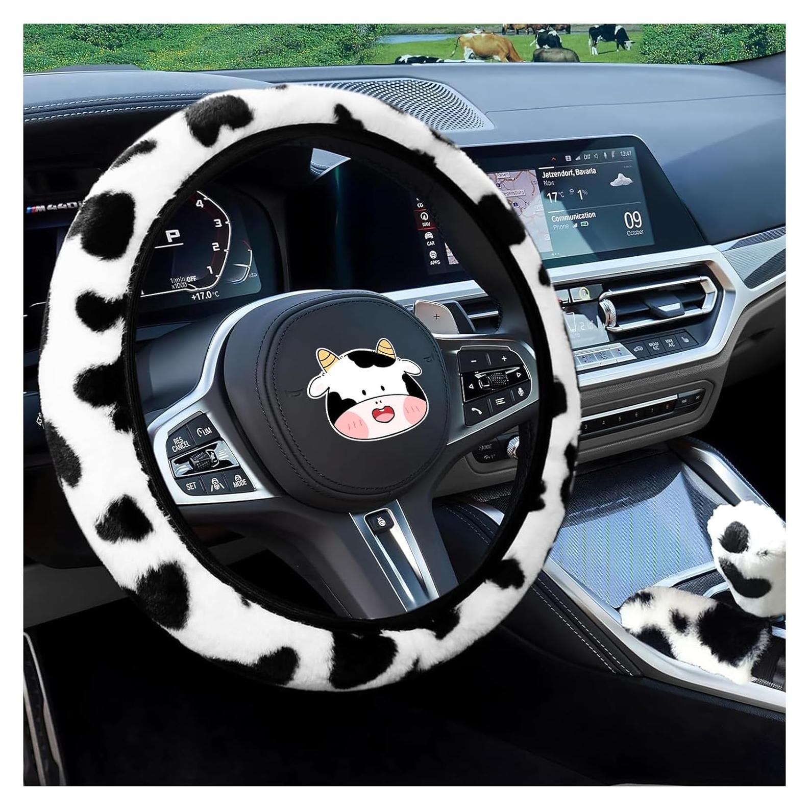 Funda de Volante Peluda SuperKaKa - Impresión de Vaca Negra