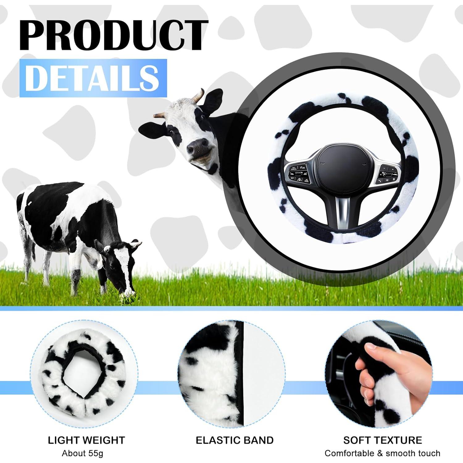 Funda de Volante Peluda SuperKaKa - Impresión de Vaca Negra