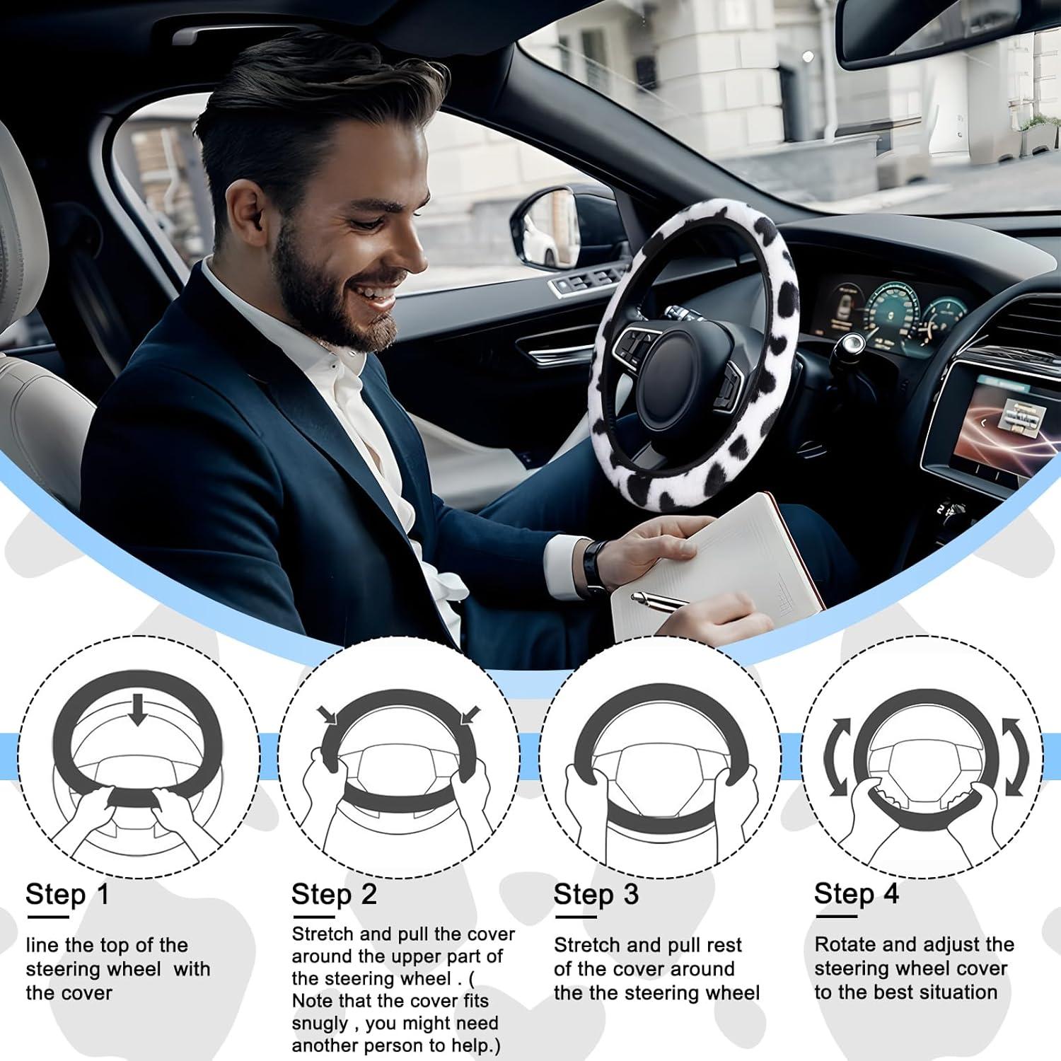 Funda de Volante Peluda SuperKaKa - Impresión de Vaca Negra