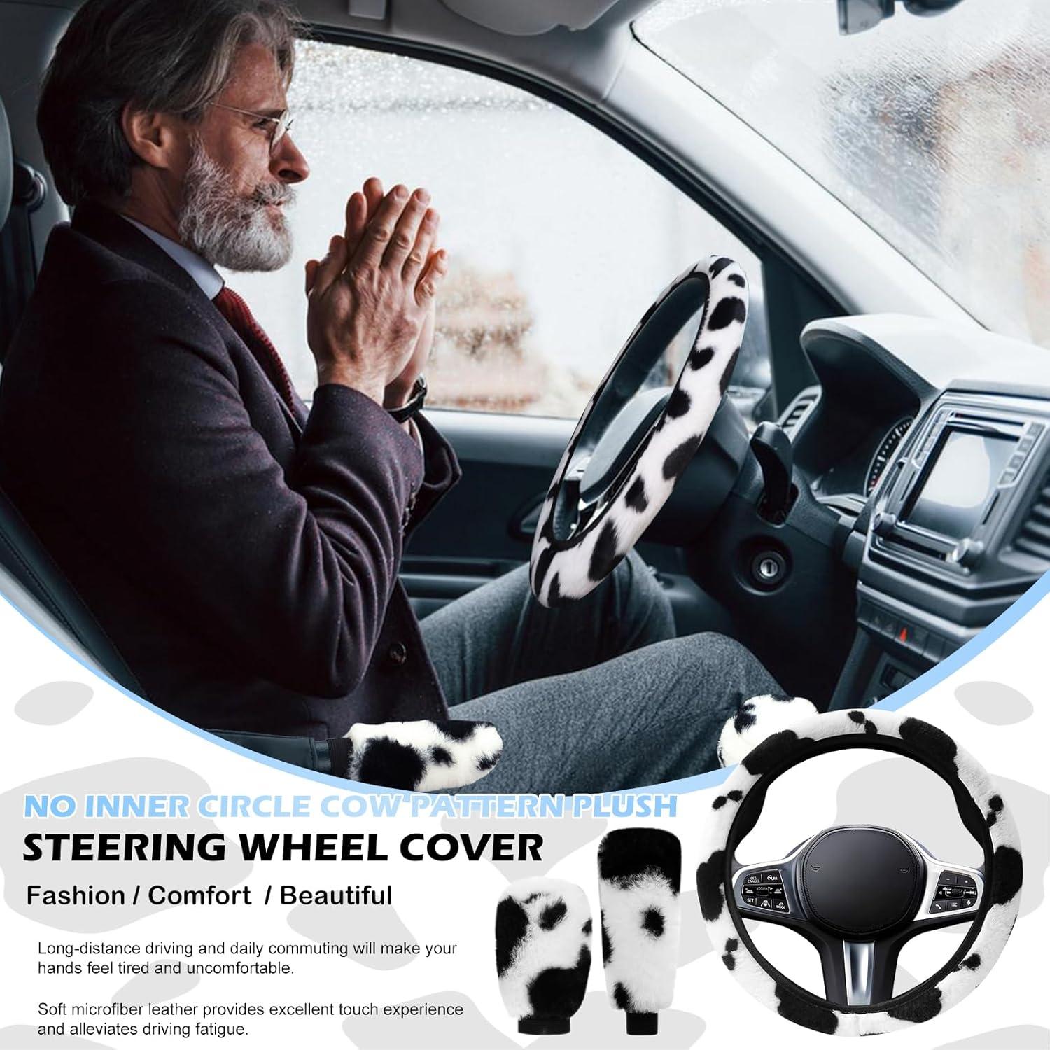 Funda de Volante Peluda SuperKaKa - Impresión de Vaca Negra