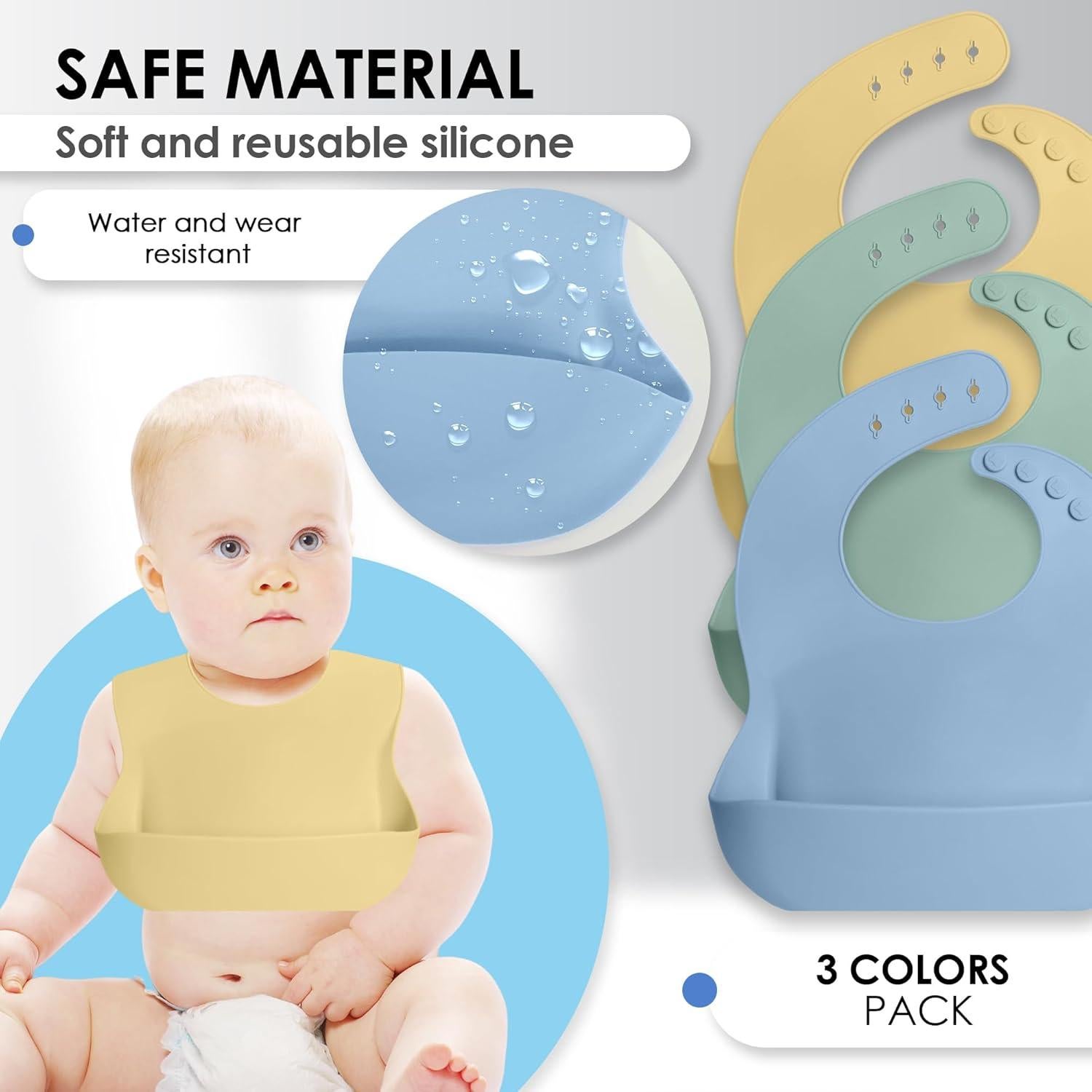 Conjunto de 3 Baberos de Silicona Bluet - Impermeables y Ajustables