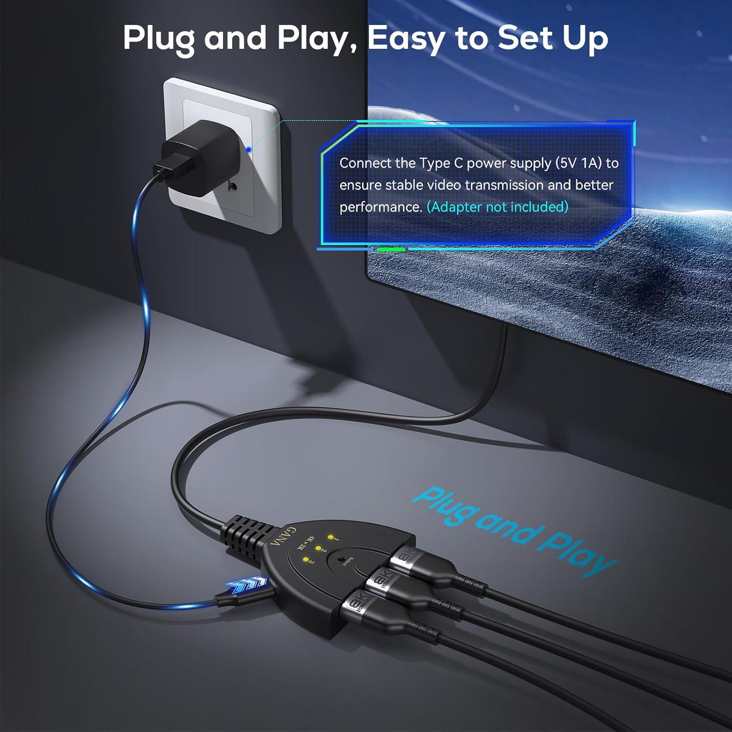 Interruptor HDMI 3 en 1 GANA 4K Full HD 30Hz con Cable 0.55m