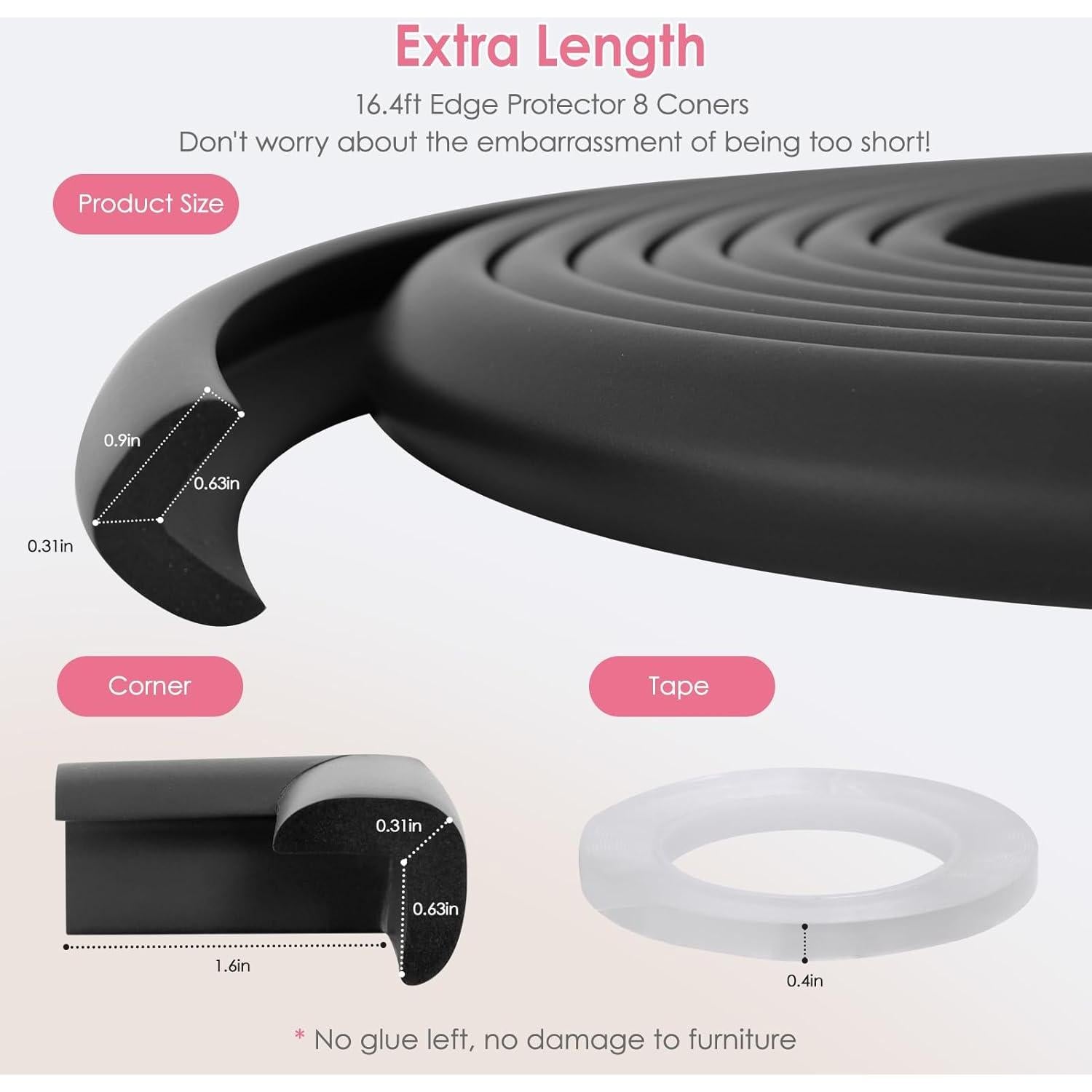 Protectores de Esquinas y Bordes para Bebés Kerätä, 5.03m + 8 Esquinas, Goma Suave, Negro