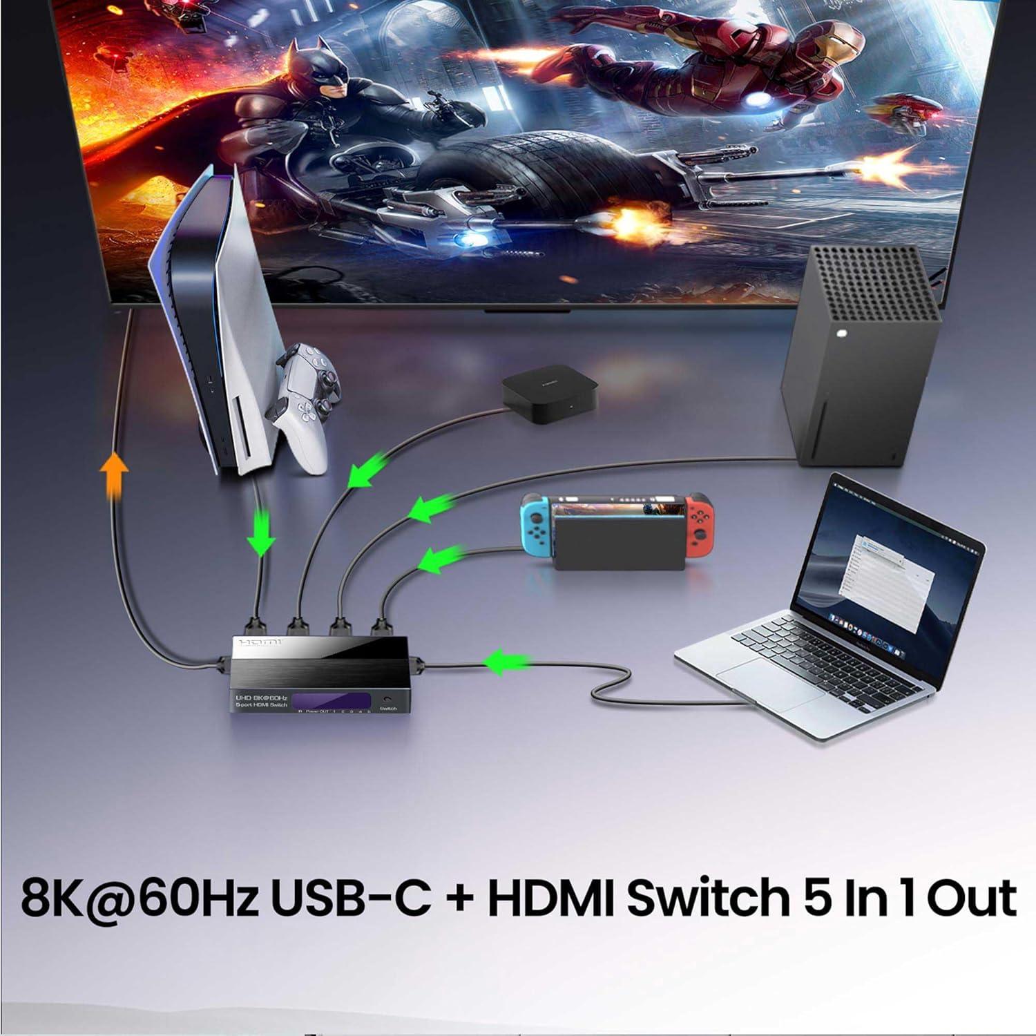 Conmutador HDMI 8K 5x1 FERRISA con USB-C y Control Remoto