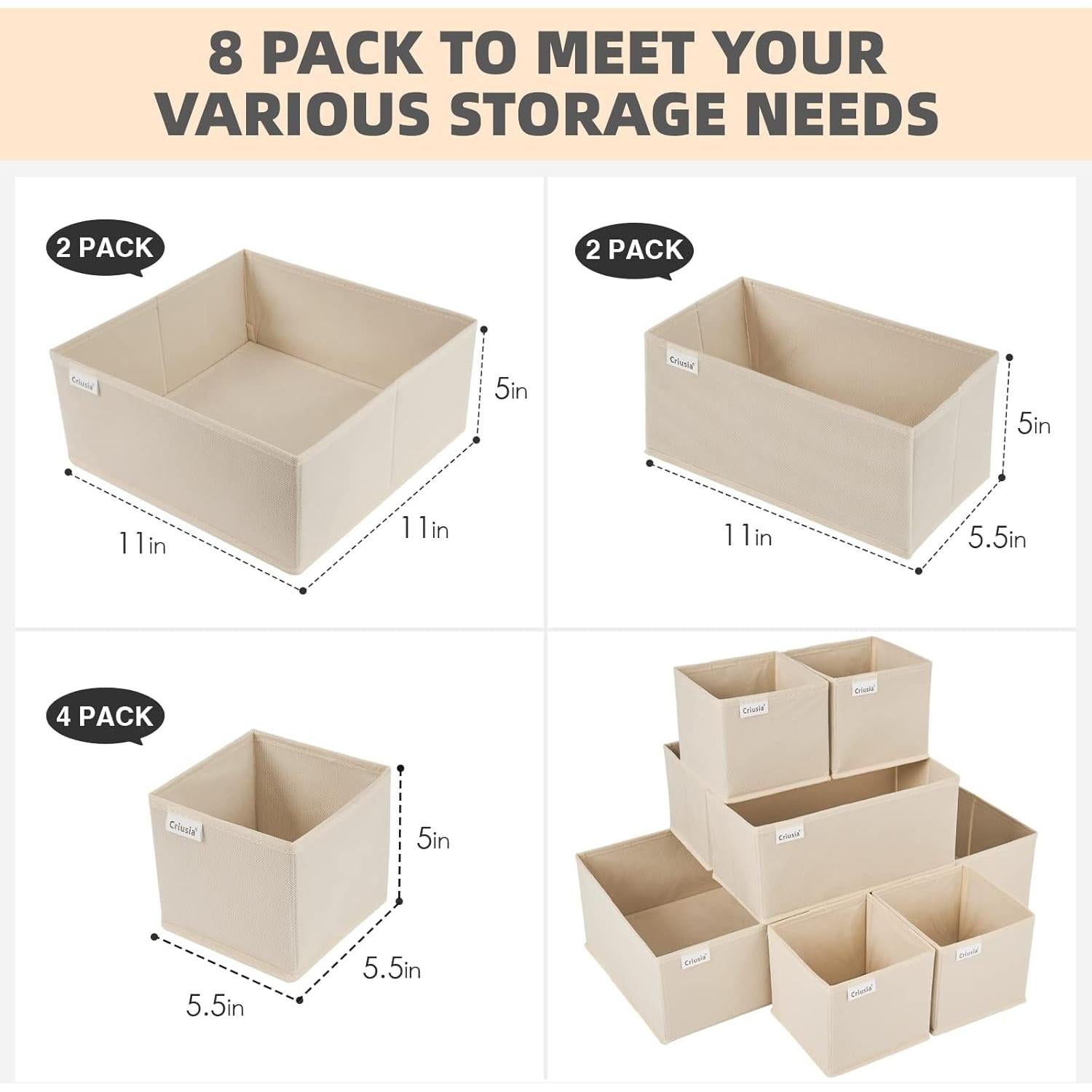 Organizador de Cajones Criusia 8 Piezas Beige Tela Plegable
