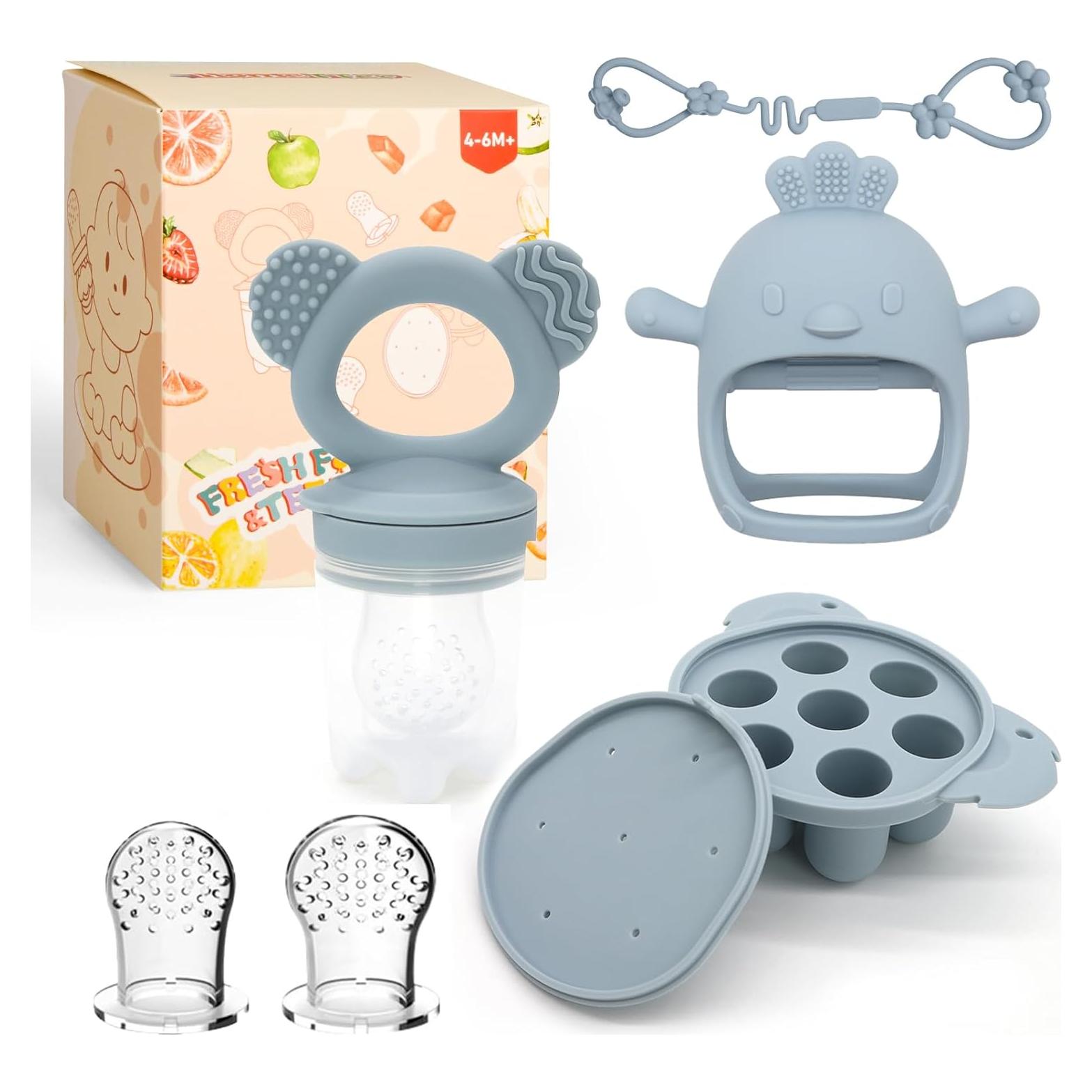 Alimentador de Silicona para Bebés + Mordedor 6M+ Azul