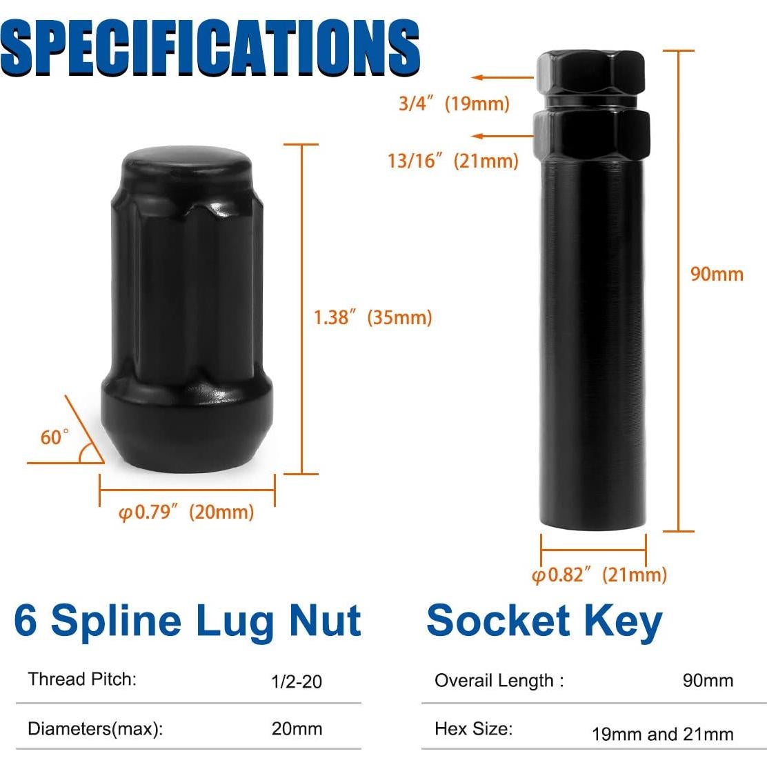 Tuercas de Llantas GAsupply Negras 1/2-20 35mm 6 Puntas Tuner