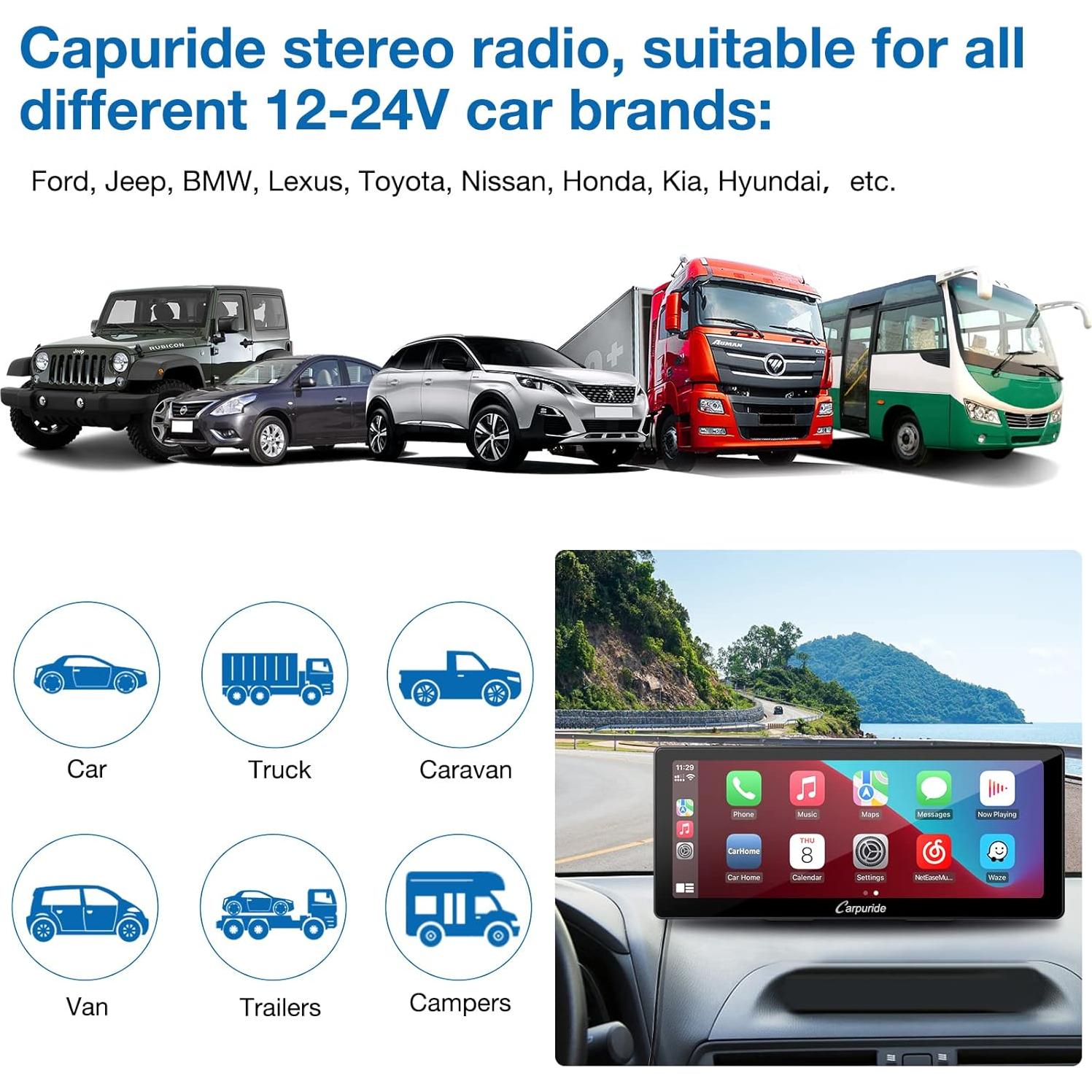 Estéreo Portátil Carpuride W103 10.3" Inalámbrico Carplay