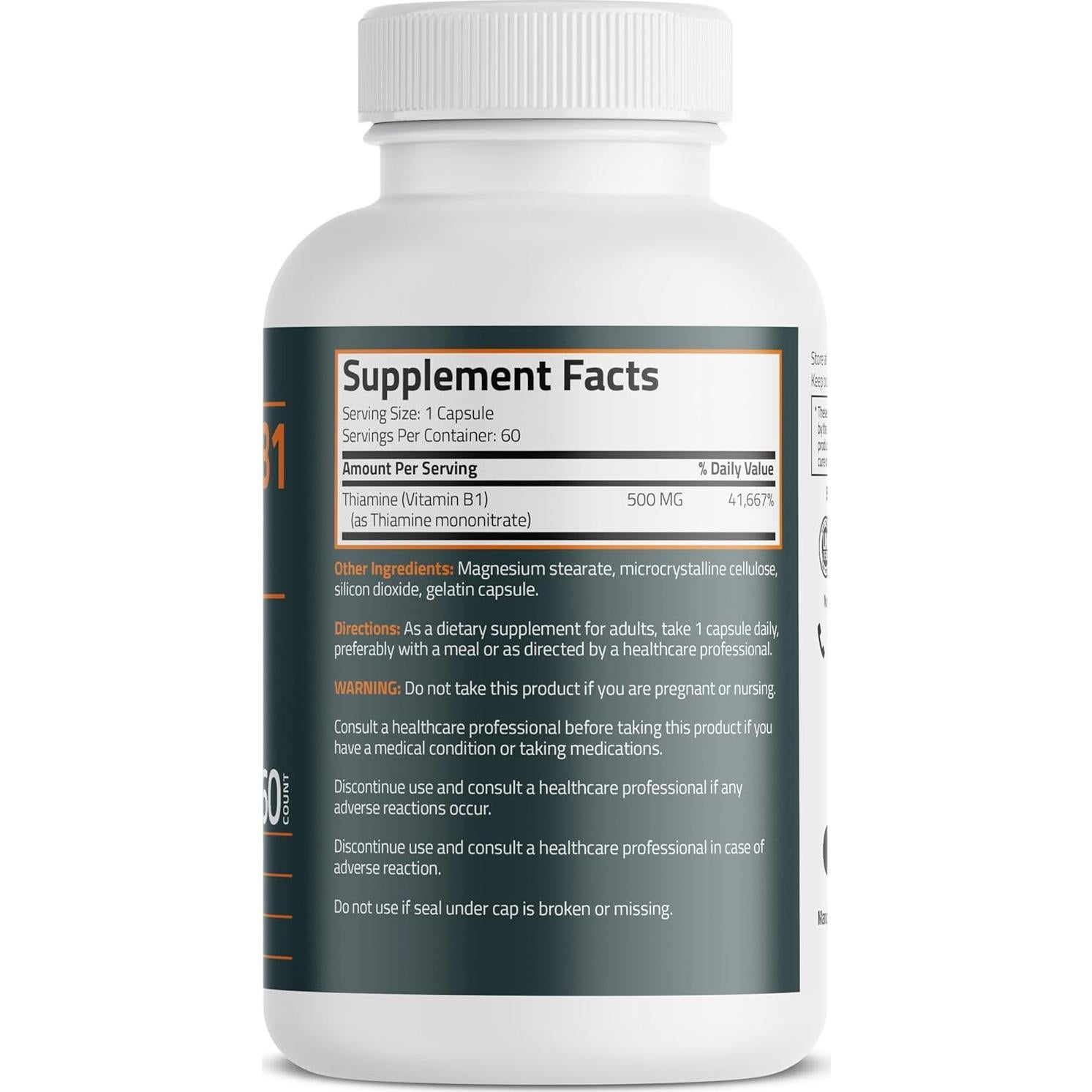 Vitamina B1 Extra Fuerte Bronson 500 MG 60 Cápsulas No-OGM