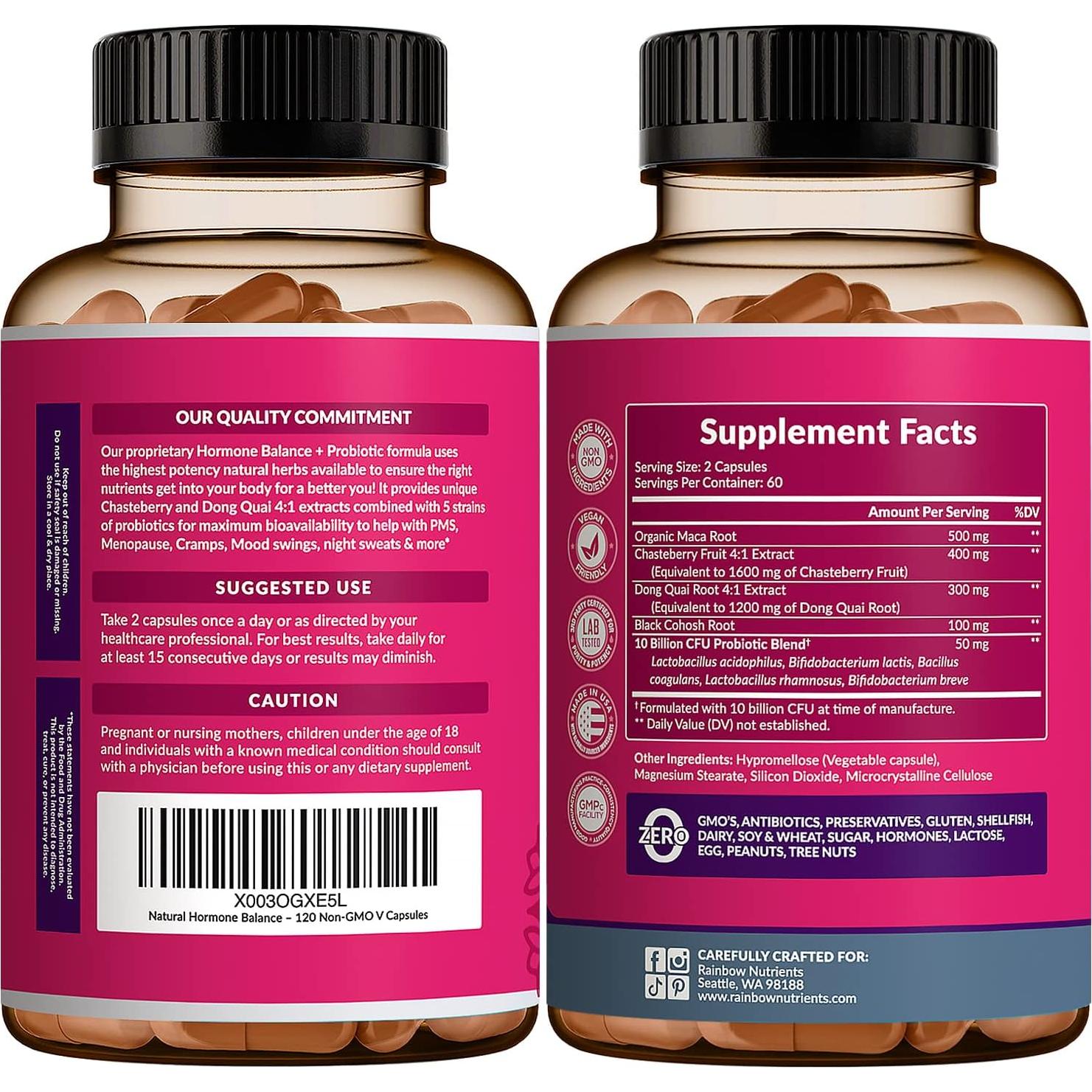 Suplemento Equilibrio Hormonal + Probióticos Rainbow Nutrients 120 Cápsulas
