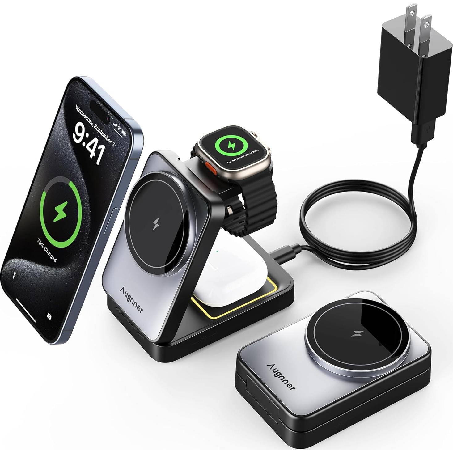 Estación de Carga 3 en 1 Augnner W91 Plegable 15W para Apple