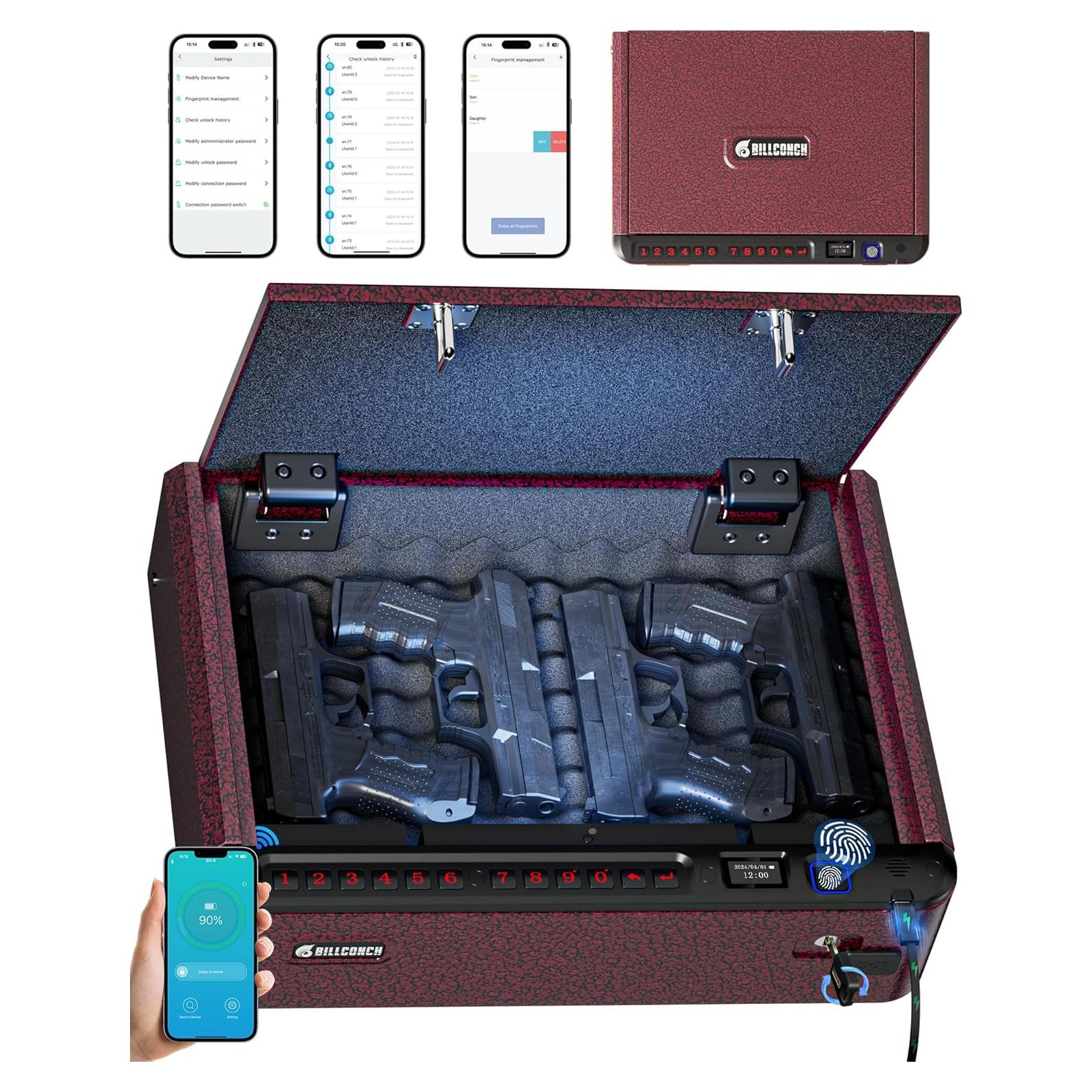 Caja Fuerte Biométrica BILLCONCH para Armas - Rojo, 4 Métodos de Acceso