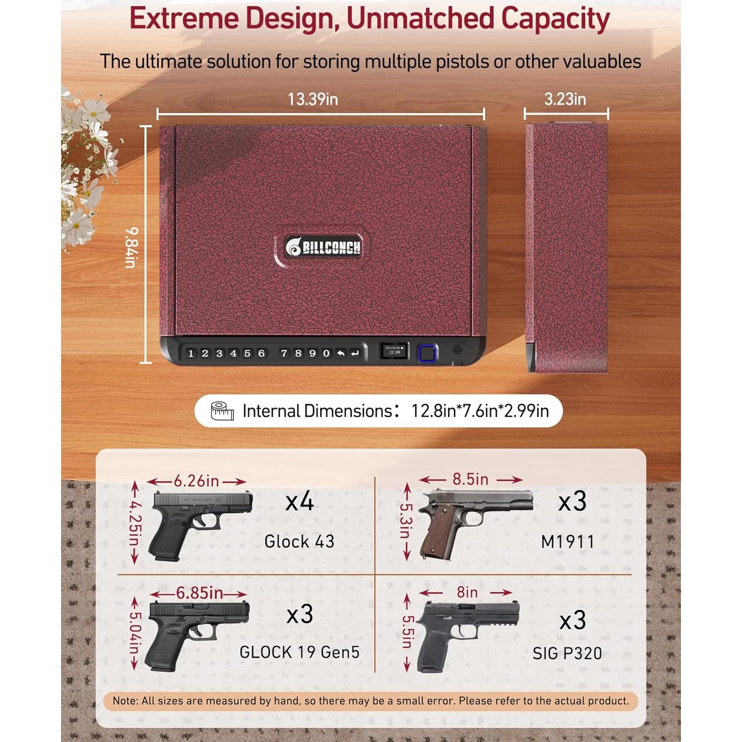 Caja Fuerte Biométrica BILLCONCH para Armas - Rojo, 4 Métodos de Acceso