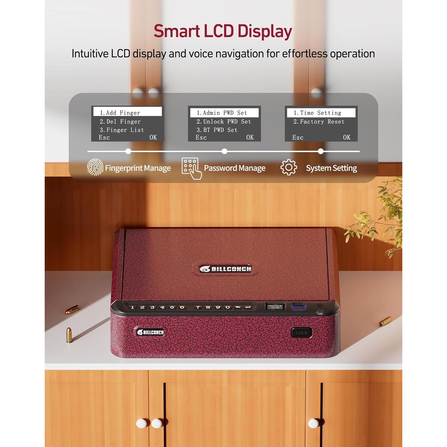 Caja Fuerte Biométrica BILLCONCH para Armas - Rojo, 4 Métodos de Acceso