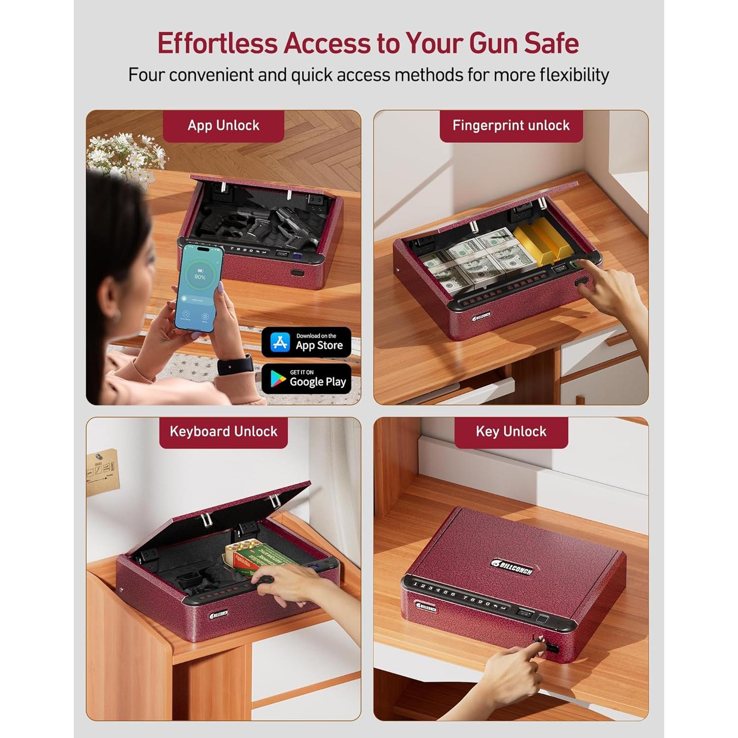 Caja Fuerte Biométrica BILLCONCH para Armas - Rojo, 4 Métodos de Acceso