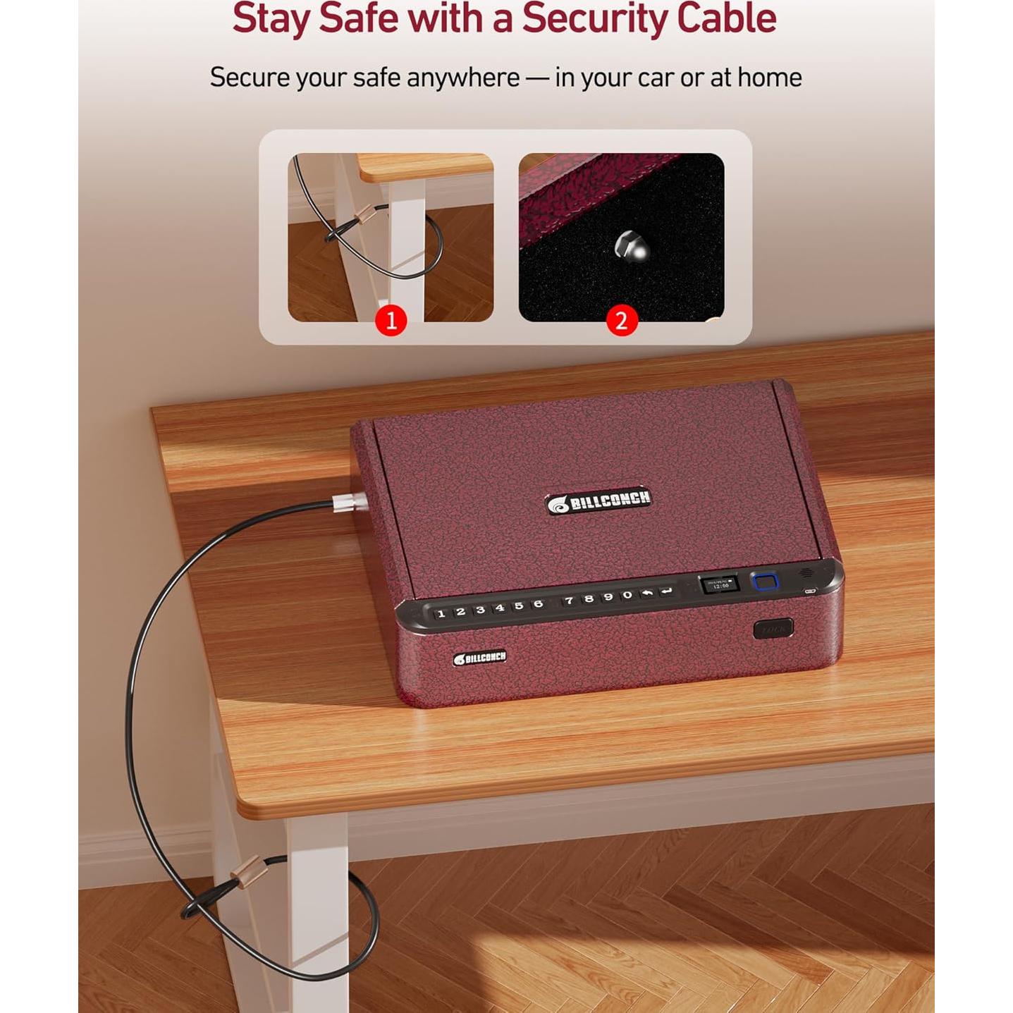 Caja Fuerte Biométrica BILLCONCH para Armas - Rojo, 4 Métodos de Acceso